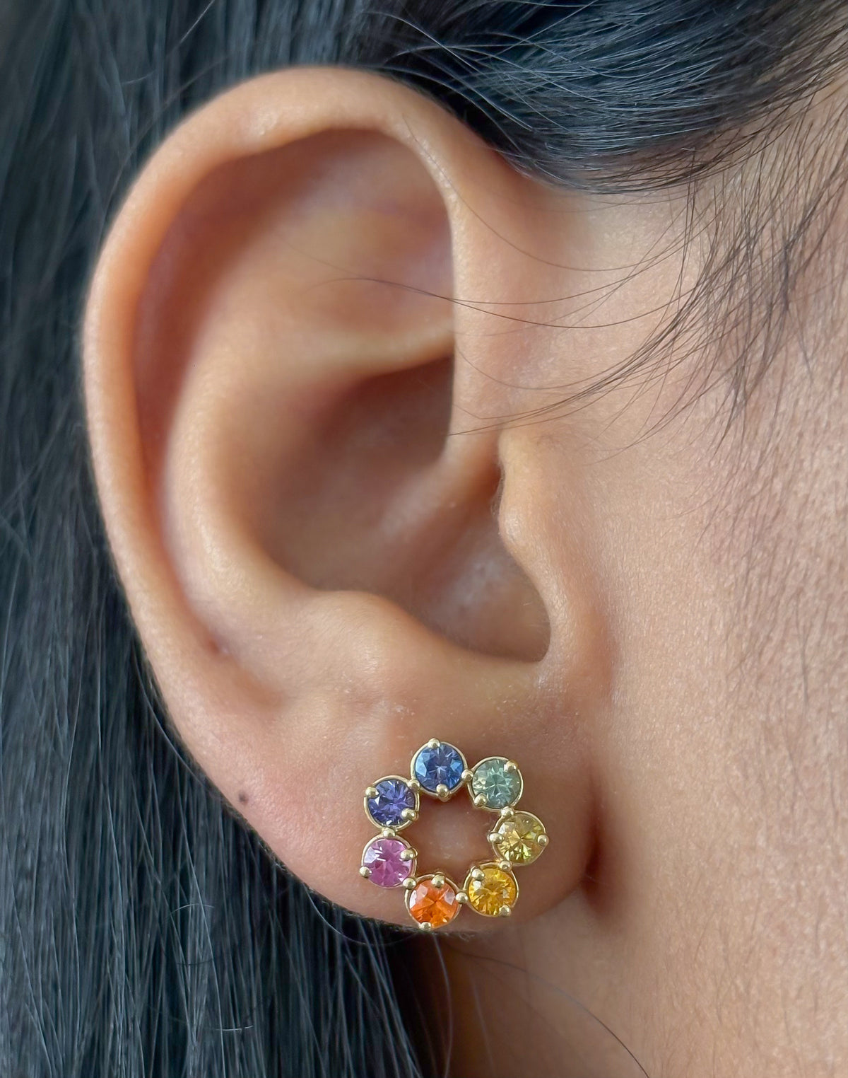 JPERG-882/4272 Rainbow Sapphire Floral Studs Earring | 14K