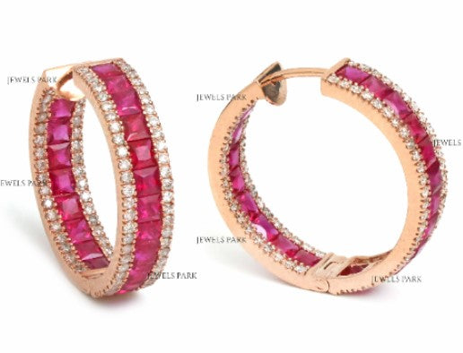 JPERG-96/1187 Ruby Square With Diamond Hoops Earring | 14K