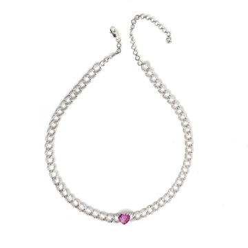 JPNC-105/1072 Pink Sapphire Heart With Diamond Cuban Chain  Necklace | 18K
