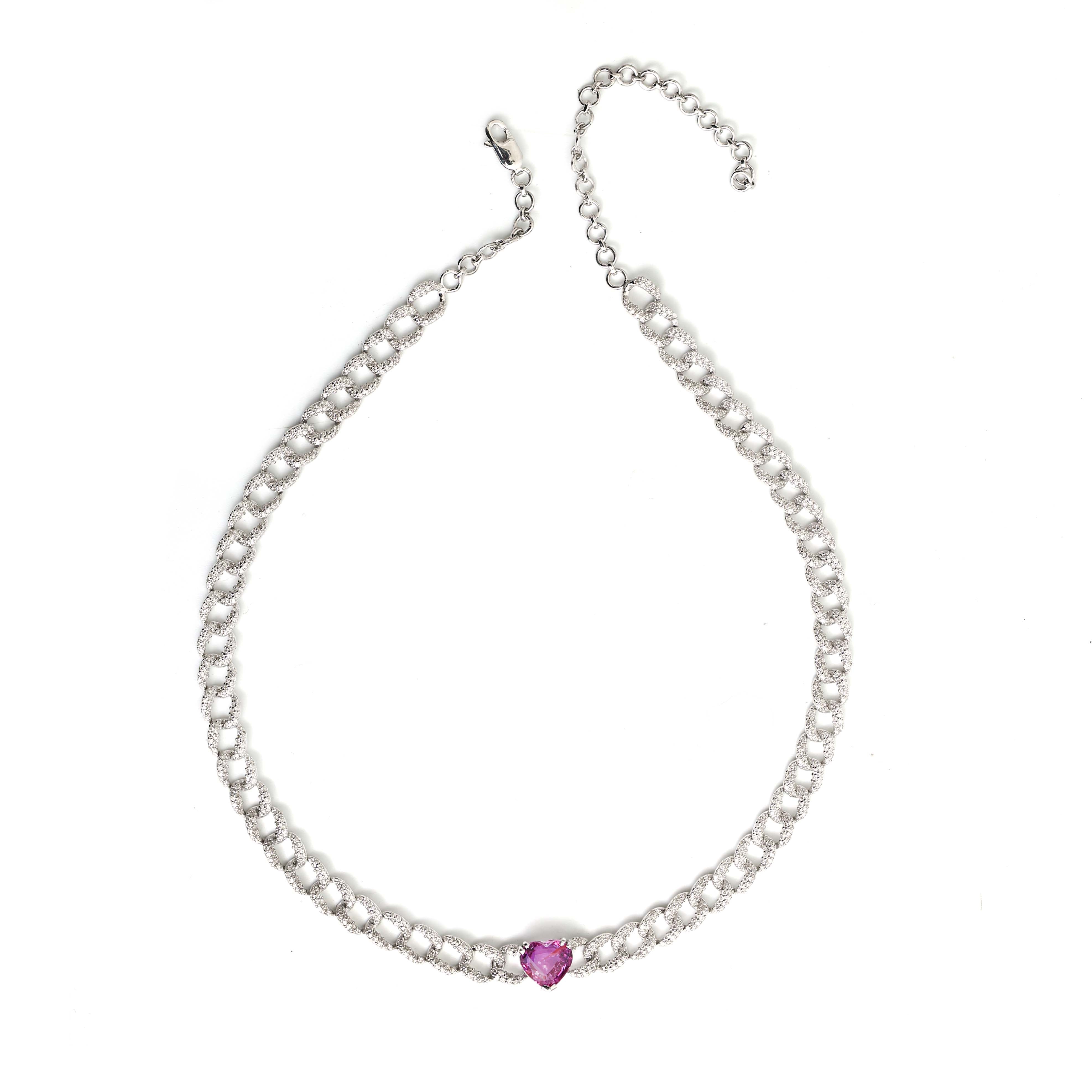 JPNC-105/1072 Pink Sapphire Heart With Diamond Cuban Chain  Necklace | 18K