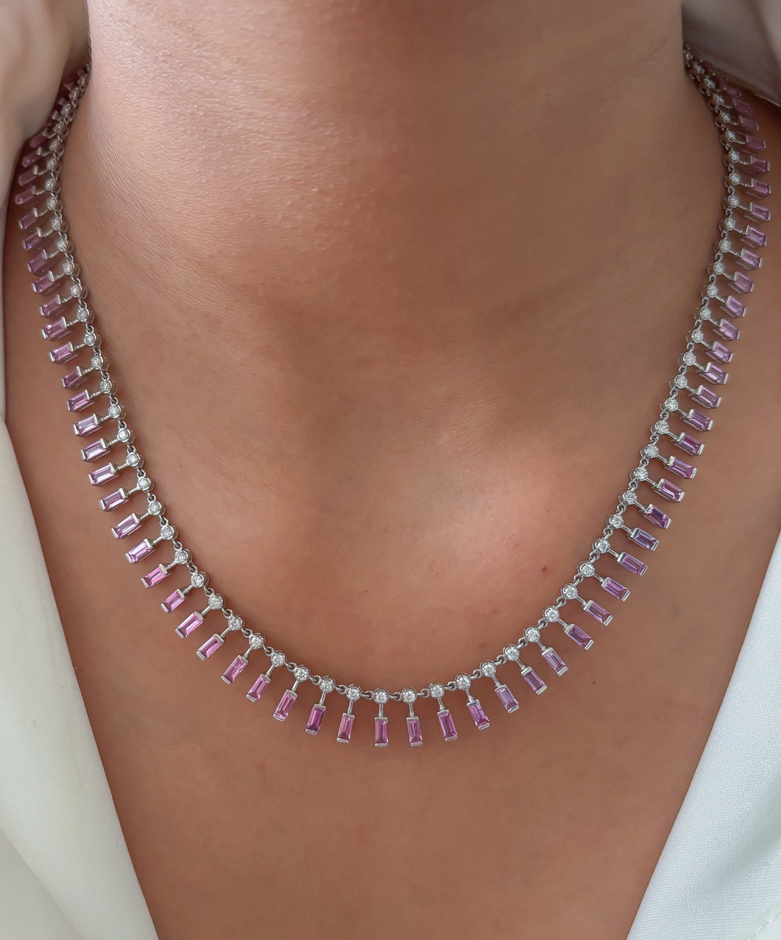 JPNC-107/1073 Pink Sapphire Baguette With Diamond  Dot Dash Necklace  Necklace | 18K