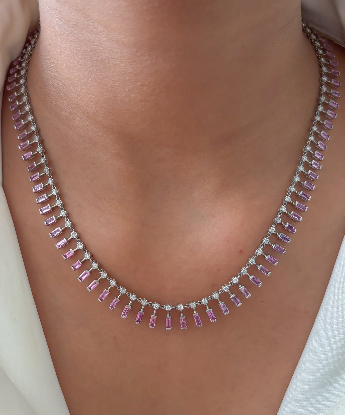 JPNC-107/1073 Pink Sapphire Baguette With Diamond  Dot Dash Necklace  Necklace | 18K
