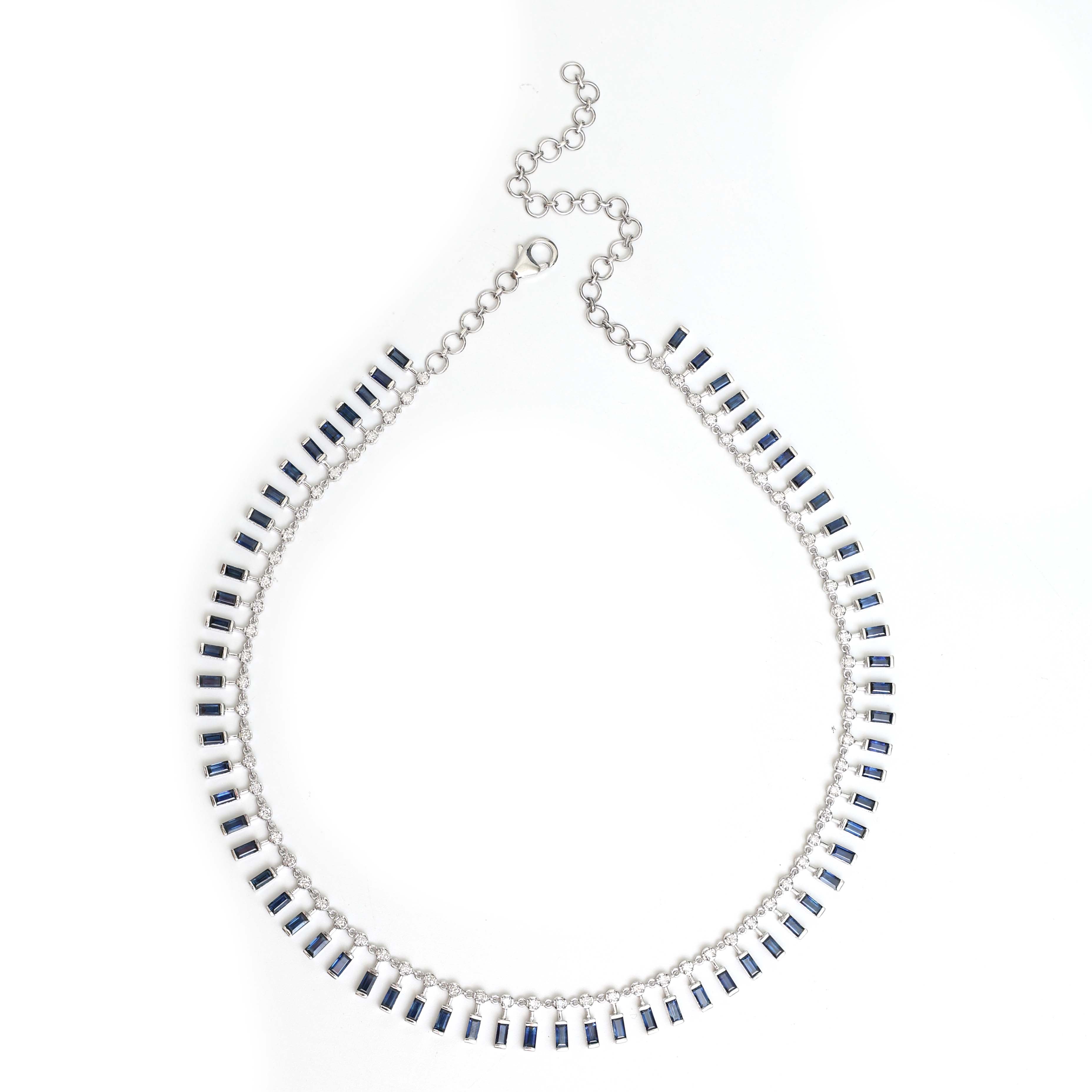 JPNC-115/1236 Blue Sapphire Baguette With Diamond Dot Dash  Necklace | 18K