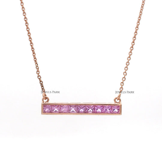 JPNC-19/1003 Pink Sapphire Square Chain Necklace | 14K