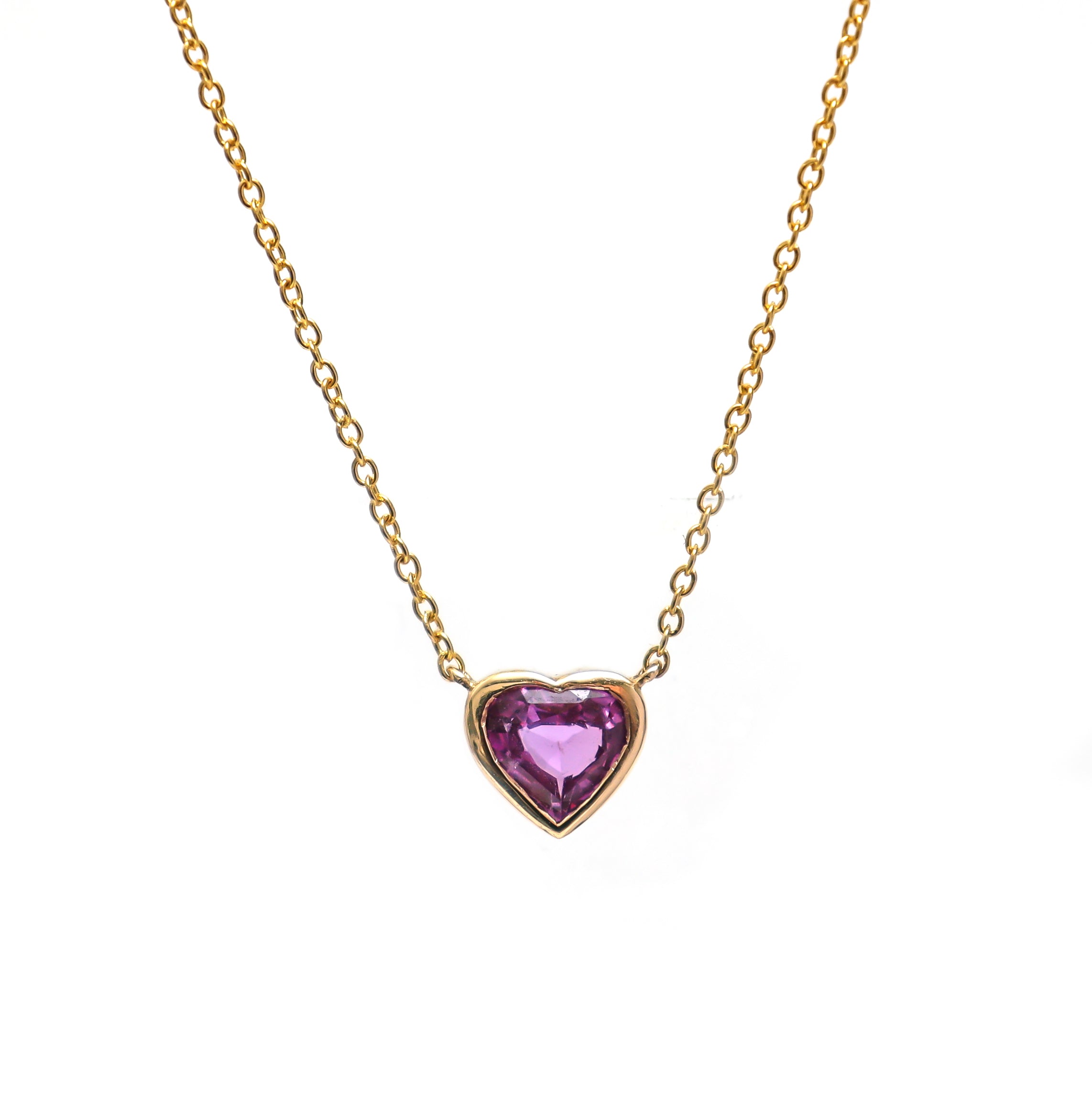 JPNC-208/2682 Pink Sapphire Heart Bezel With Chain Necklace | 18K