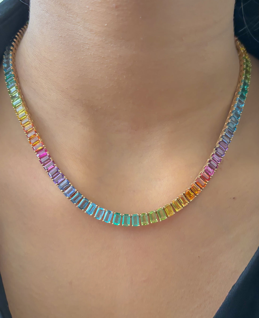 JPNC-258/3390 Rainbow Gemstone Octagon 5X3 Tennis  Necklace | 14K