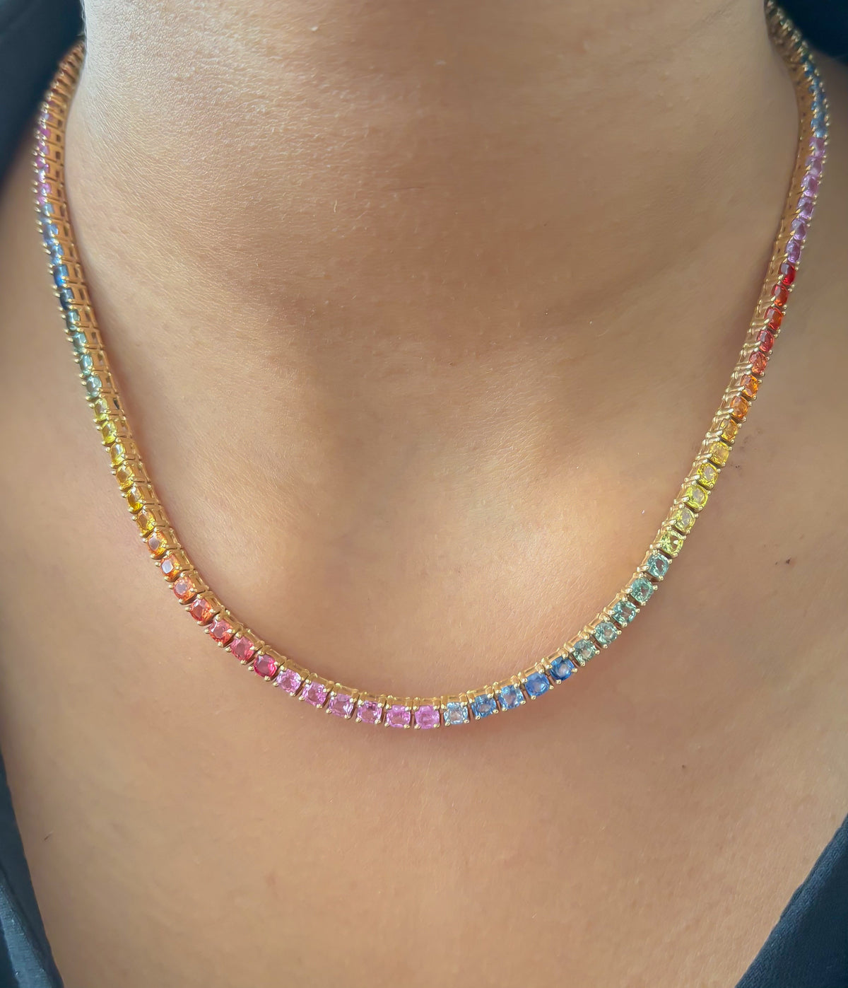 JPNC-260/3428 Rainbow Sapphire Cushion 3Mm Tennis  Necklace | 18K