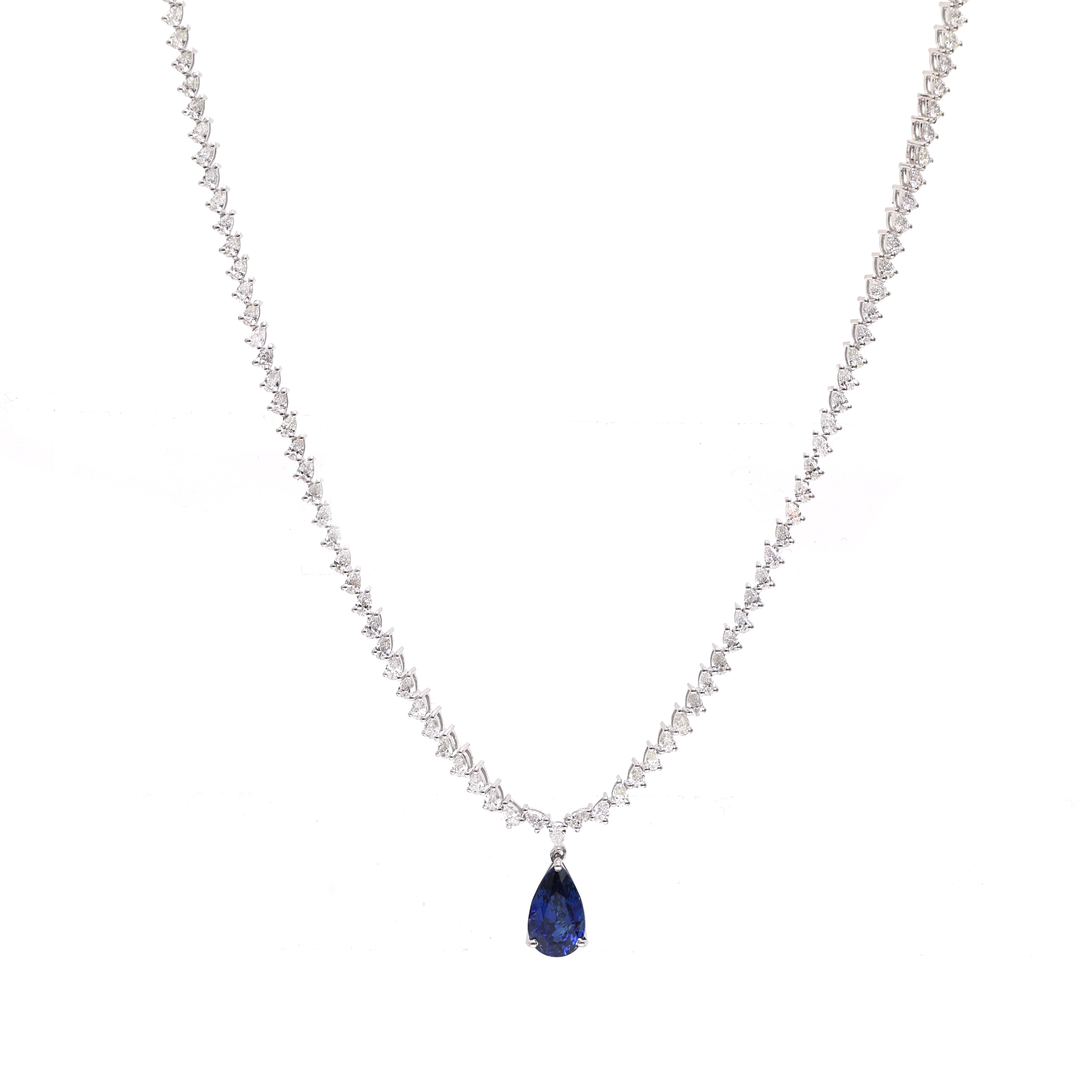 JPNC-284/3895 Blue Sapphire Pear With Diamond Heart  Necklace | 18K