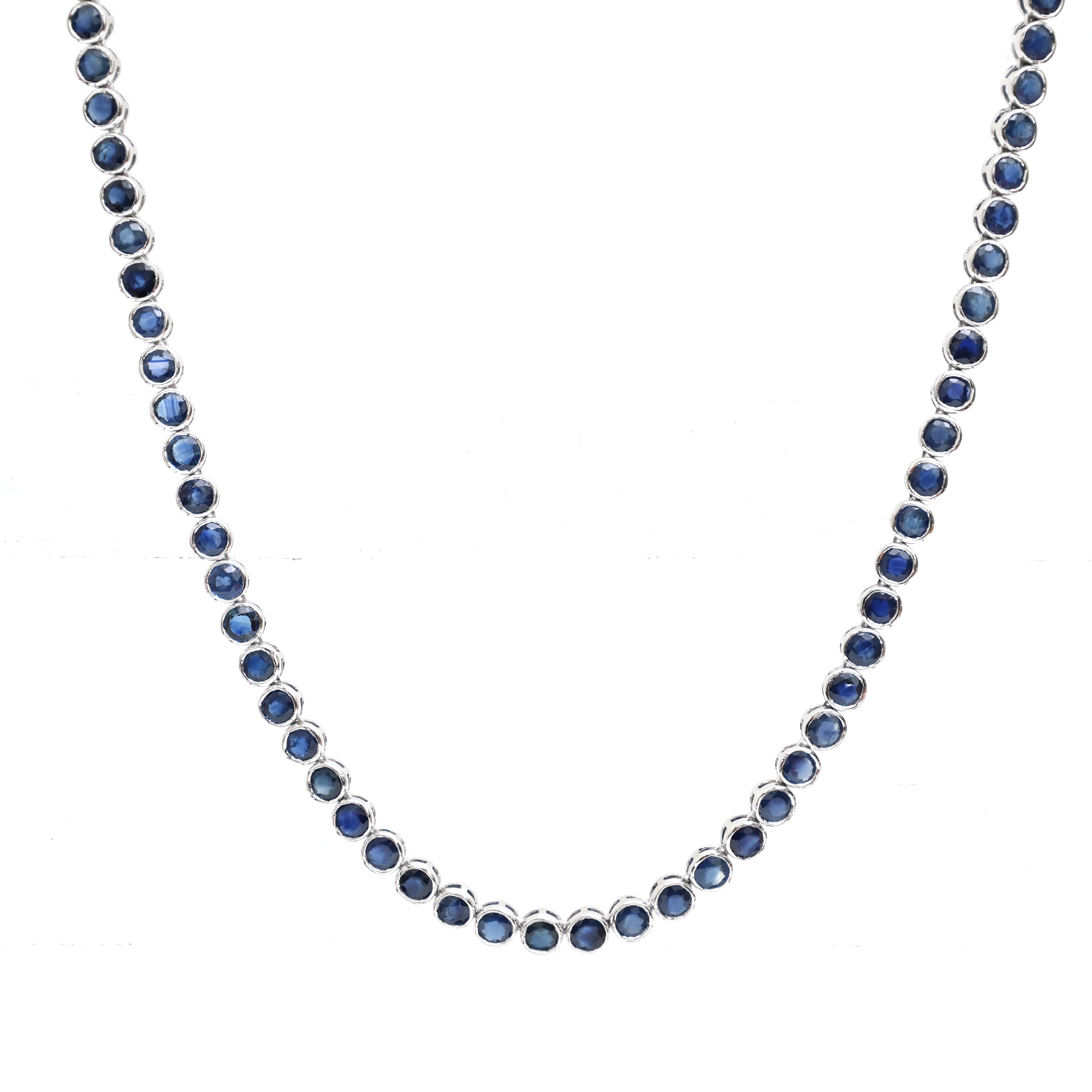 JPNC-285/3905 Blue Sapphire Round Bezal Tennis  Necklace | 14K
