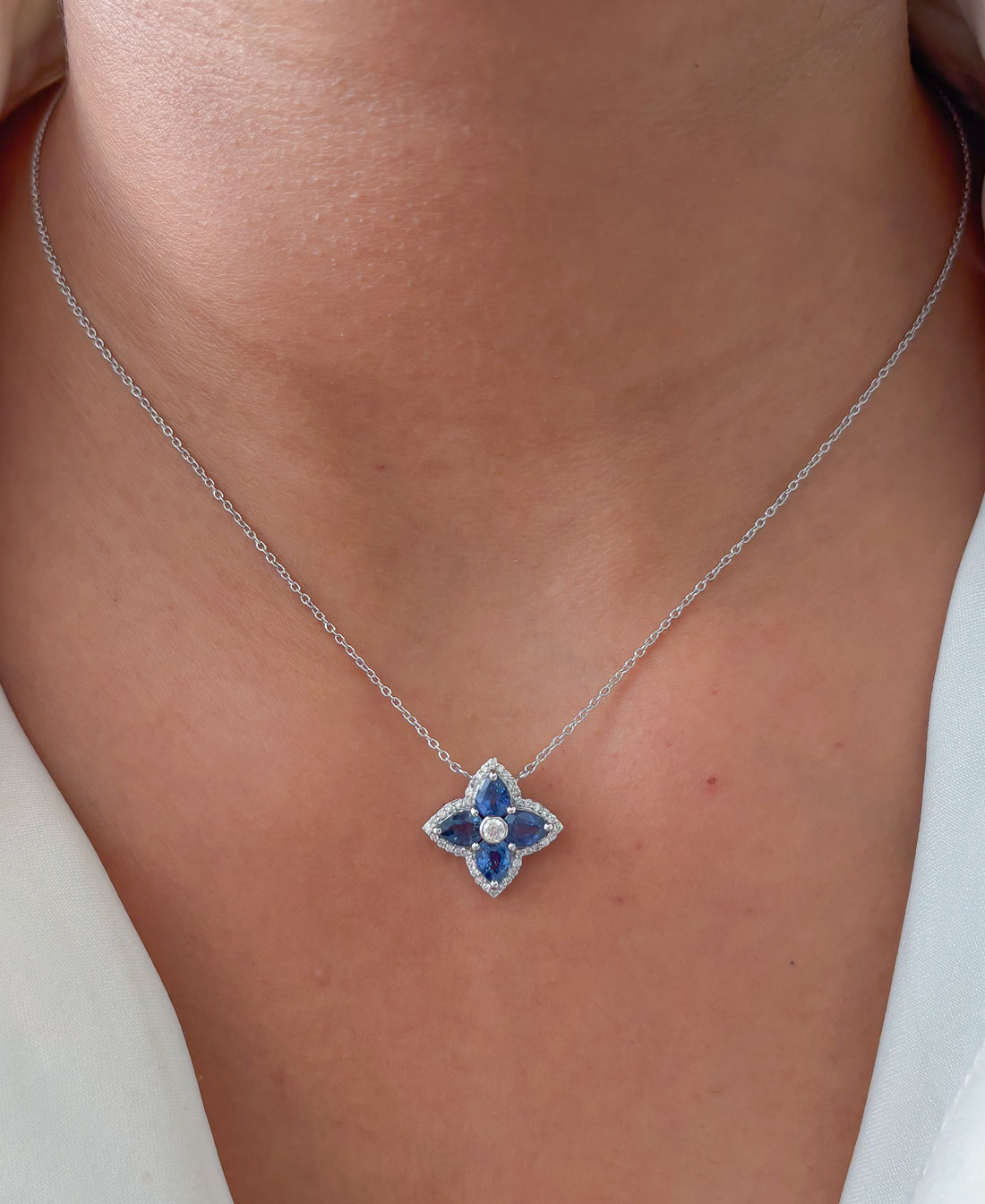 JPNC-289/4004 Blue Sapphire Pear 5X4 With Diamond Chain  Necklace | 14K