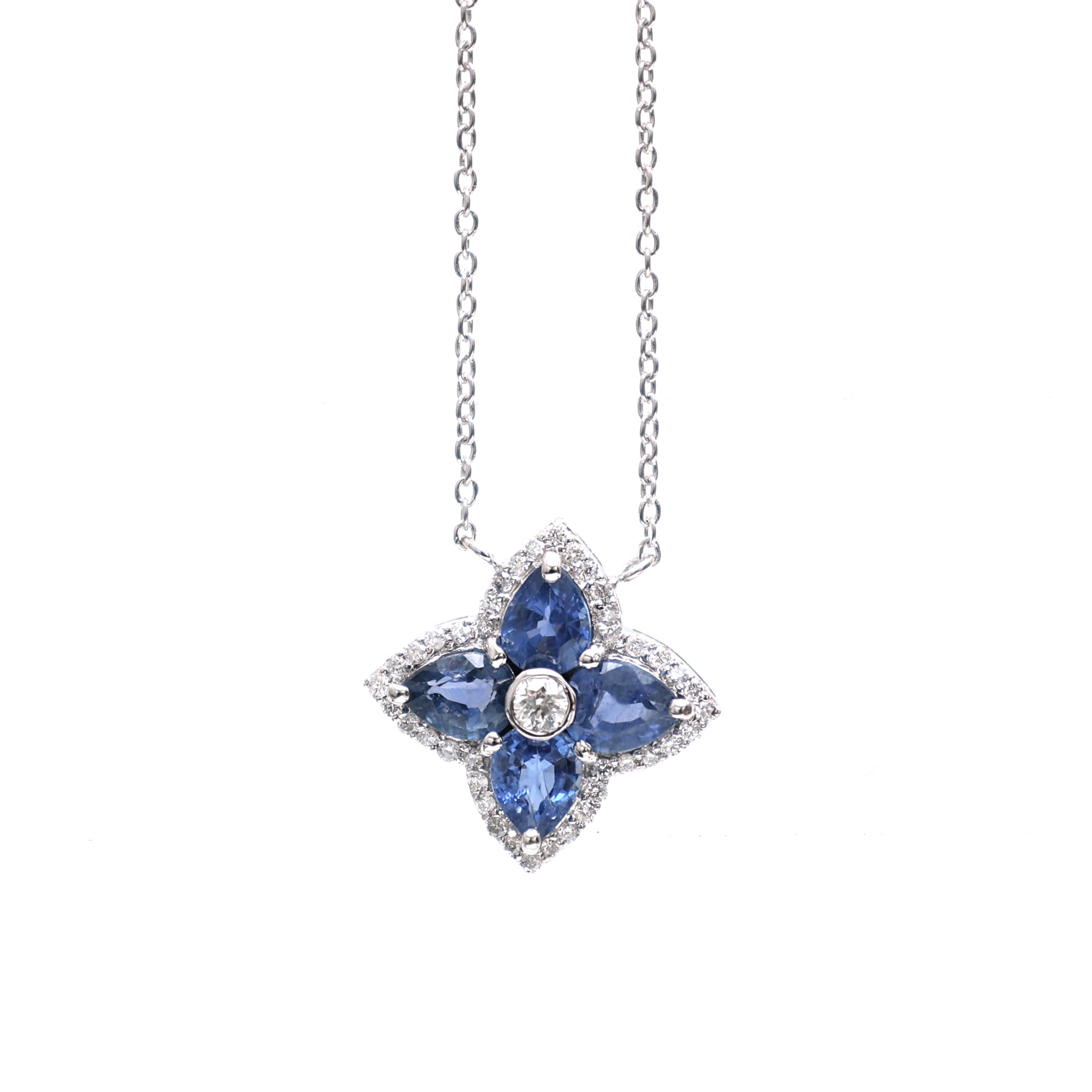 JPNC-289/4004 Blue Sapphire Pear 5X4 With Diamond Chain  Necklace | 14K