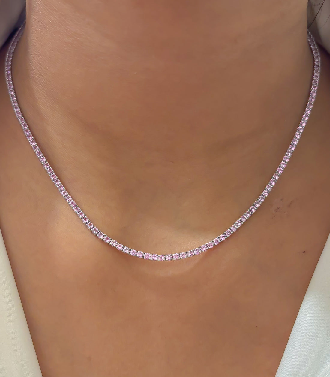 JPNC-331/4464 Pink Sapphire Round 2Mm Tennis  Necklace | 14K