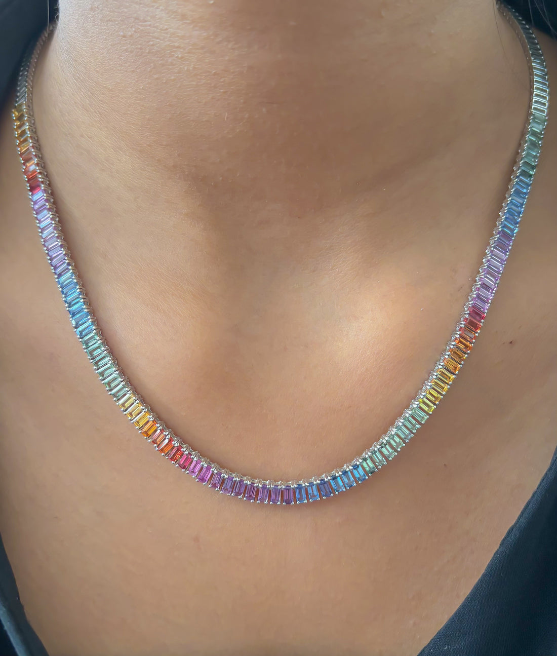 JPNC-347/4679 Rainbow Sapphire Baguette 4X2 Necklace | 14K