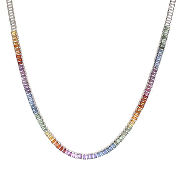 JPNC-347/4679 Rainbow Sapphire Baguette 4X2 Necklace | 14K