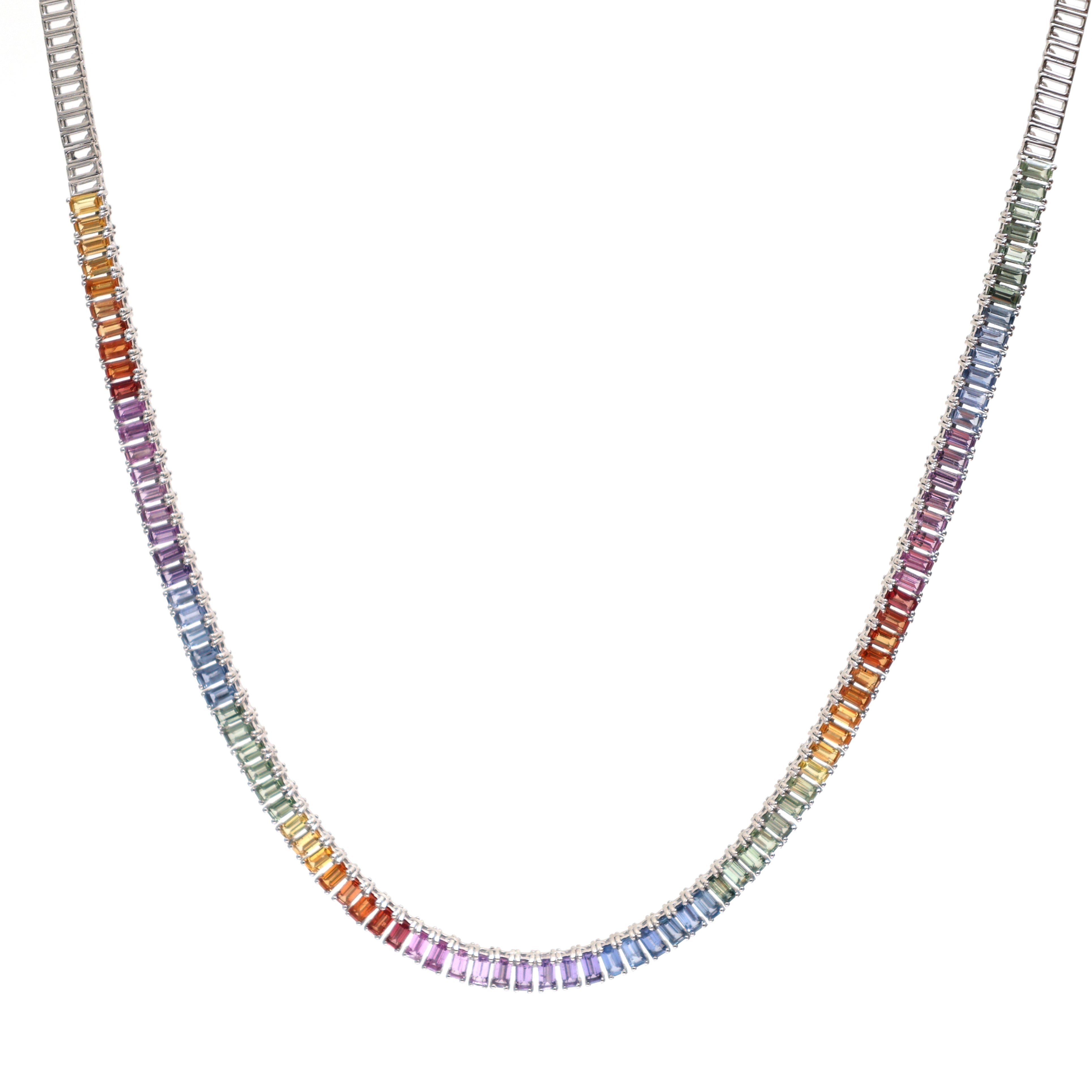 JPNC-347/4679 Rainbow Sapphire Baguette 4X2 Necklace | 14K