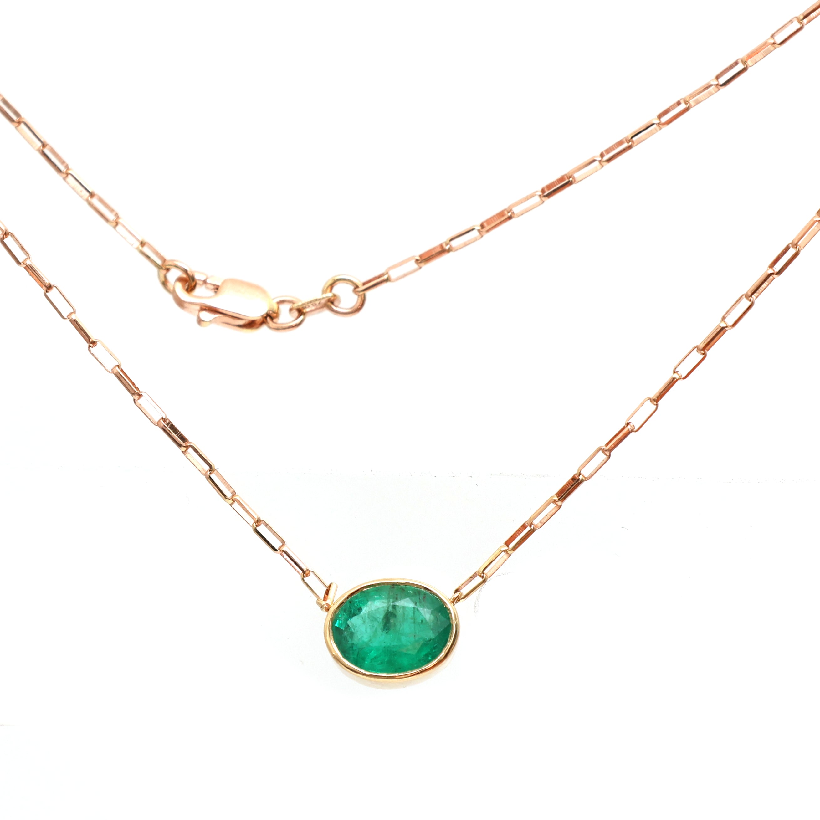 JPNC-399/4992 Emerald Oval Bezel With Rose Gold Chain Necklace | 18K