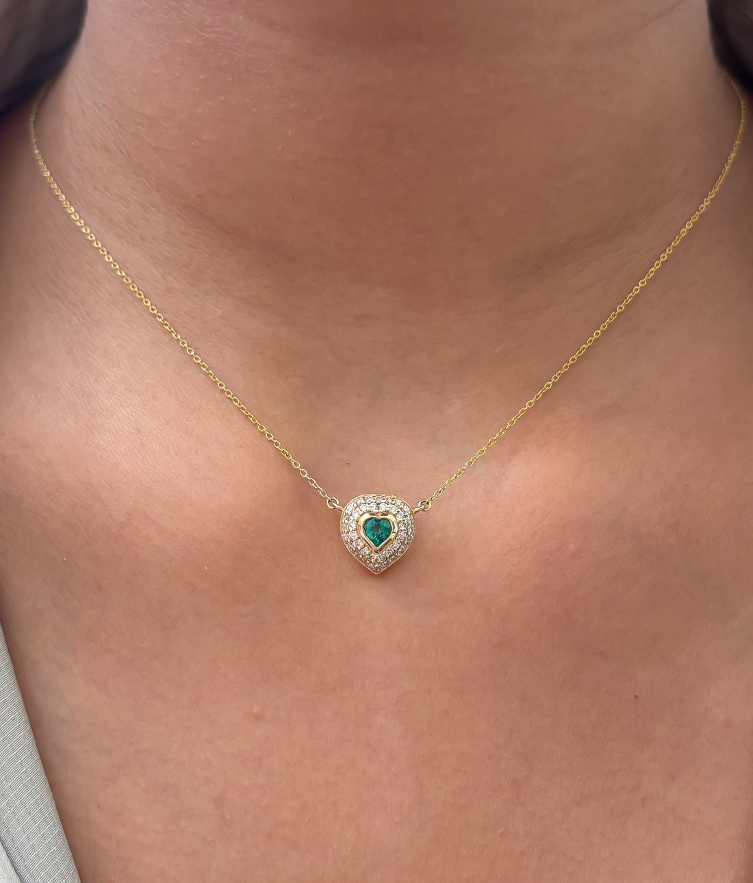 JPNC-429/5320 Emerald Heart Pave Set Thin Chain Necklace | 14K