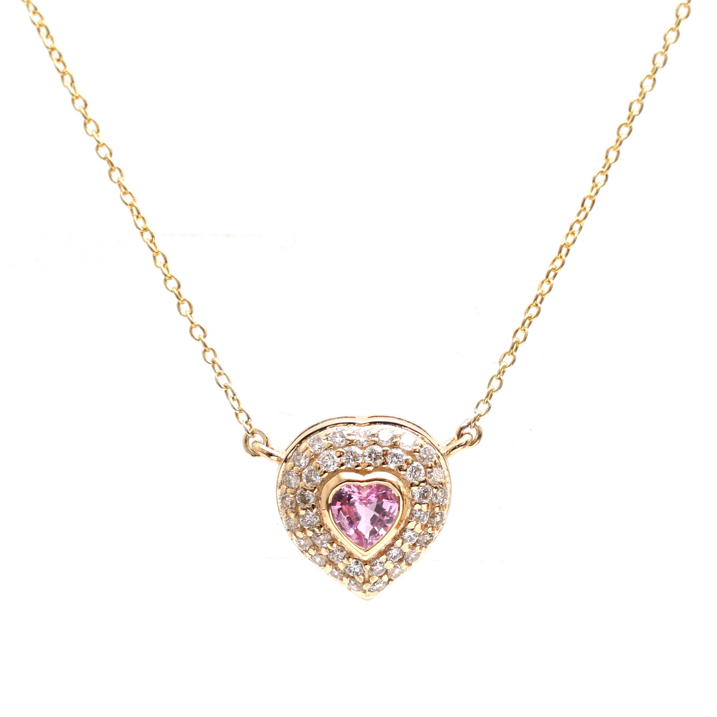JPNC-430/5318 Pink Sapphire Heart Pave Set Thin Chain Necklace | 14K