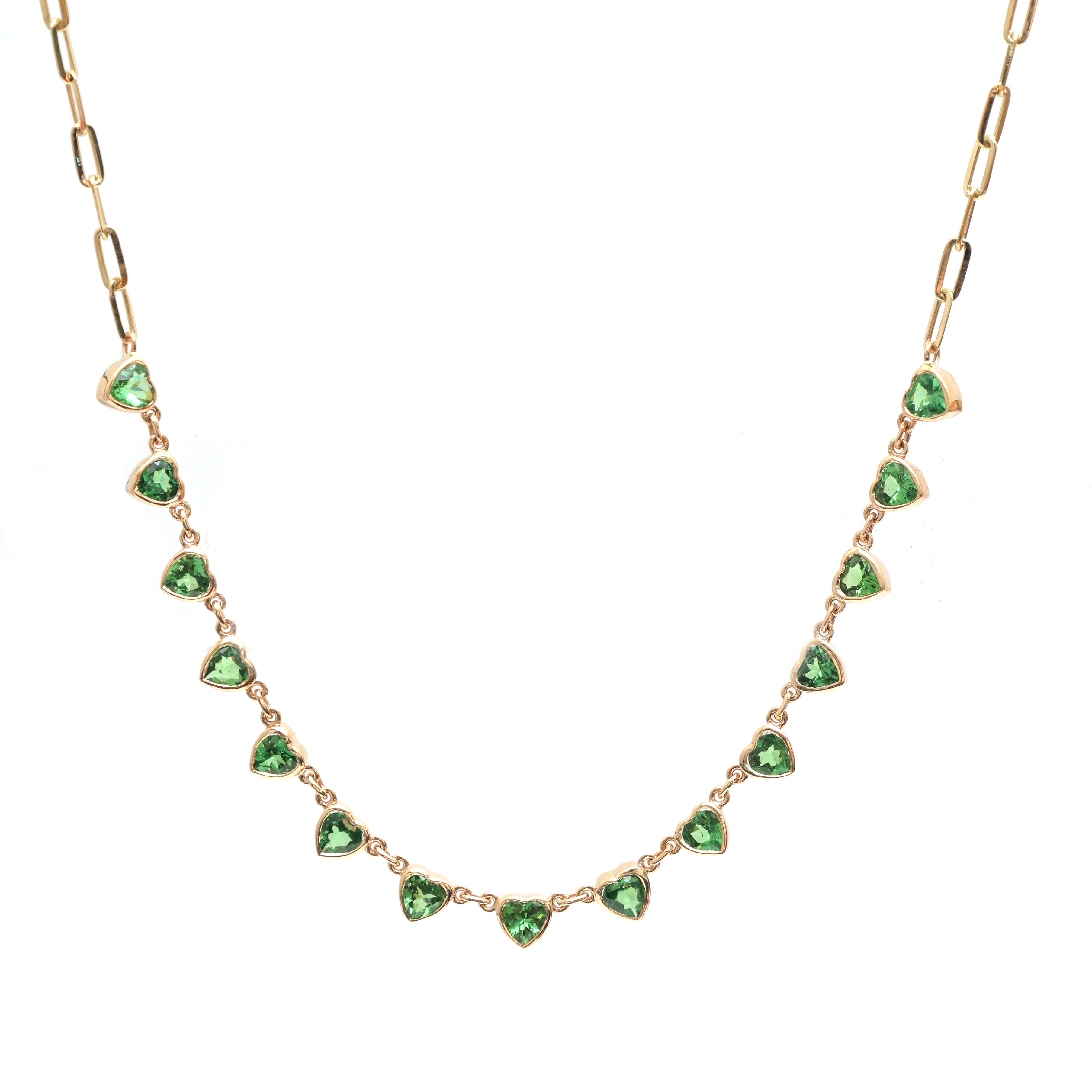 JPNC-432/5333 Tsavorite Heart 4Mm Bezal Paper Clip Chain Necklace | 14K