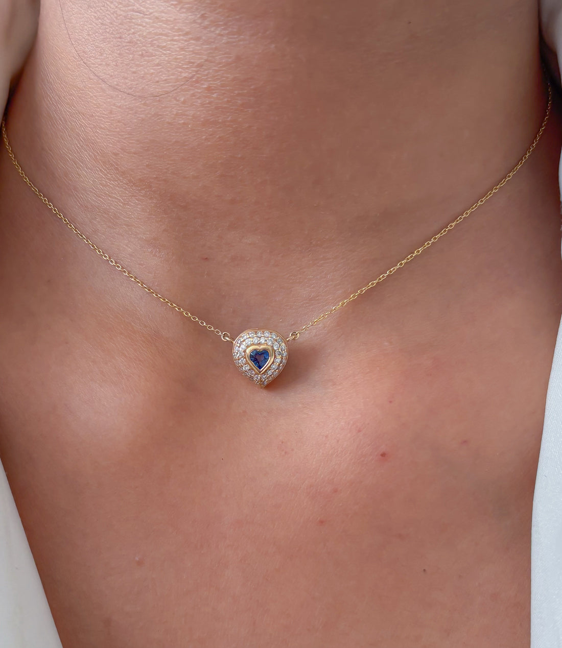 JPNC-434/5391 Blue Sapphire Heart With Diamond Thin Chain Necklace | 14K