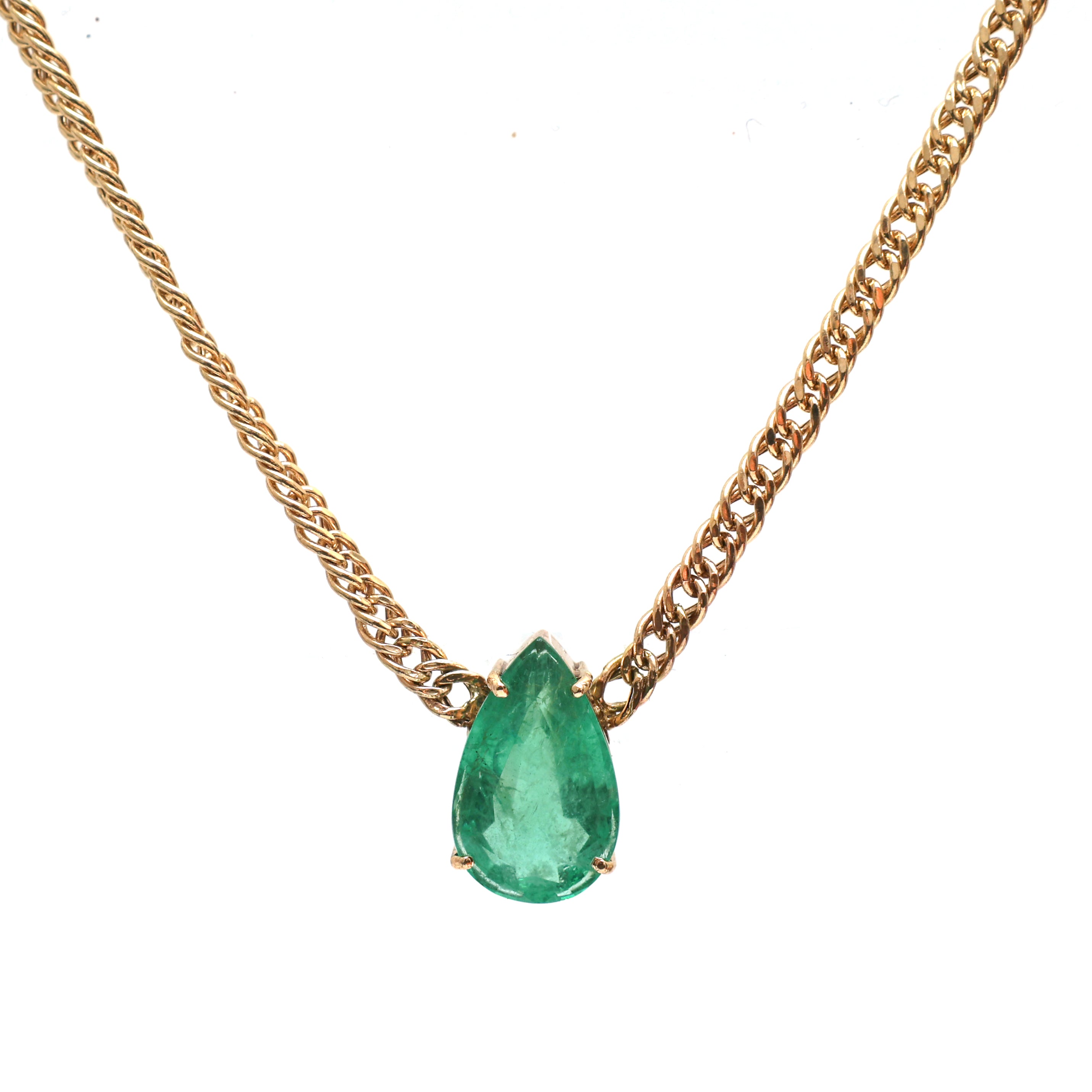 JPNC-462/5791 Emerald Pear With Cuban Chain Necklace | 14K
