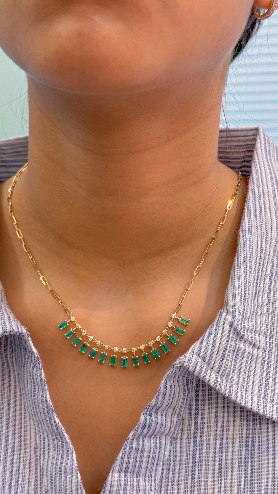 JPNC-496/6171 Emerald Octagon 5X3 With Diamond Dot Dash Necklace | 14K