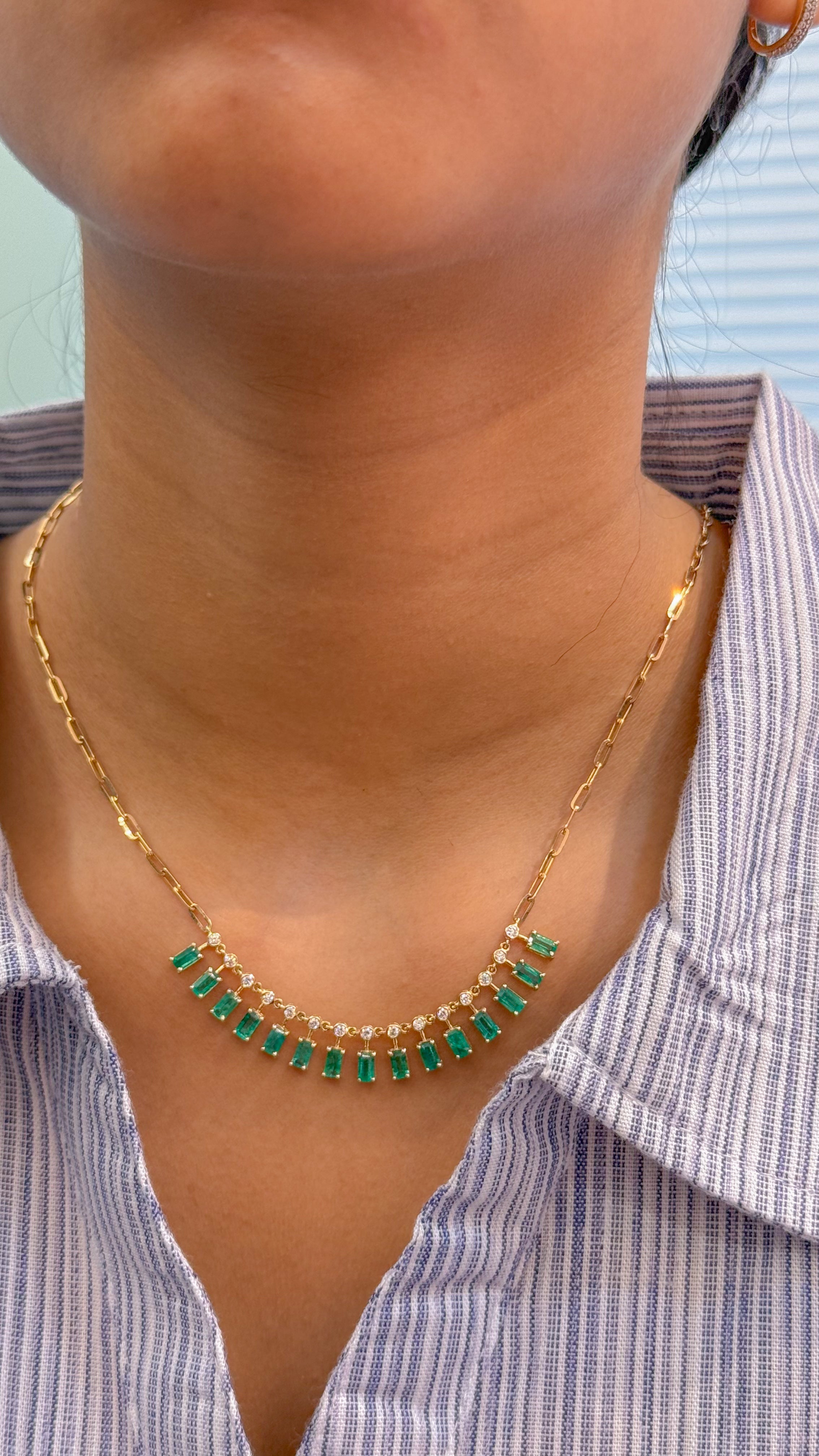 JPNC-496/6171 Emerald Octagon 5X3 With Diamond Dot Dash Necklace | 14K