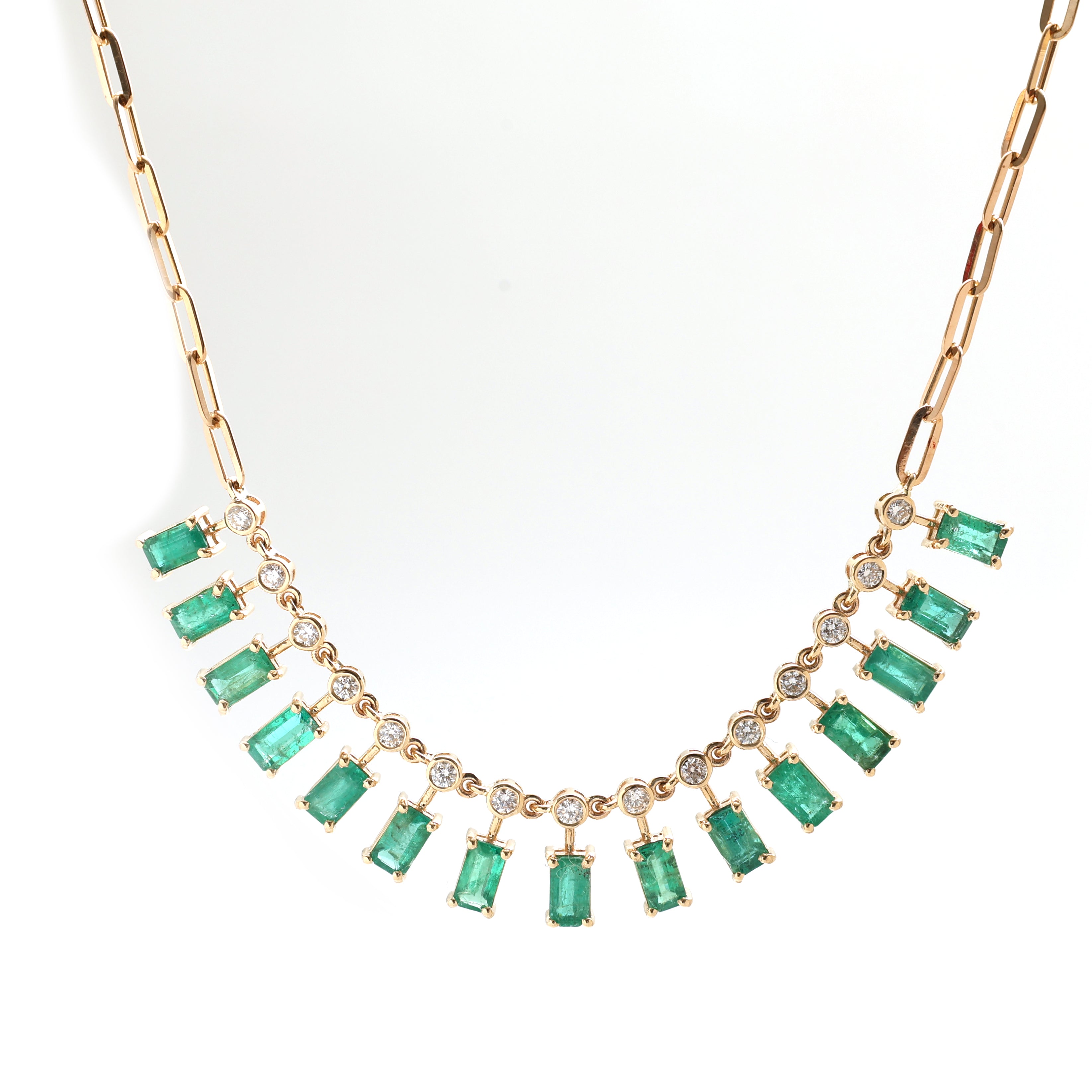 JPNC-496/6171 Emerald Octagon 5X3 With Diamond Dot Dash Necklace | 14K