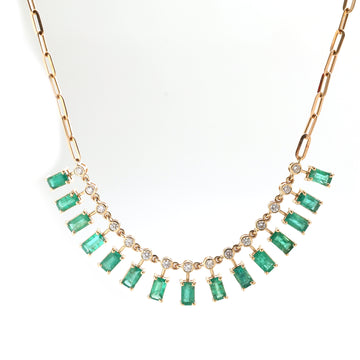 JPNC-496/6171 Emerald Octagon 5X3 With Diamond Dot Dash Necklace | 14K