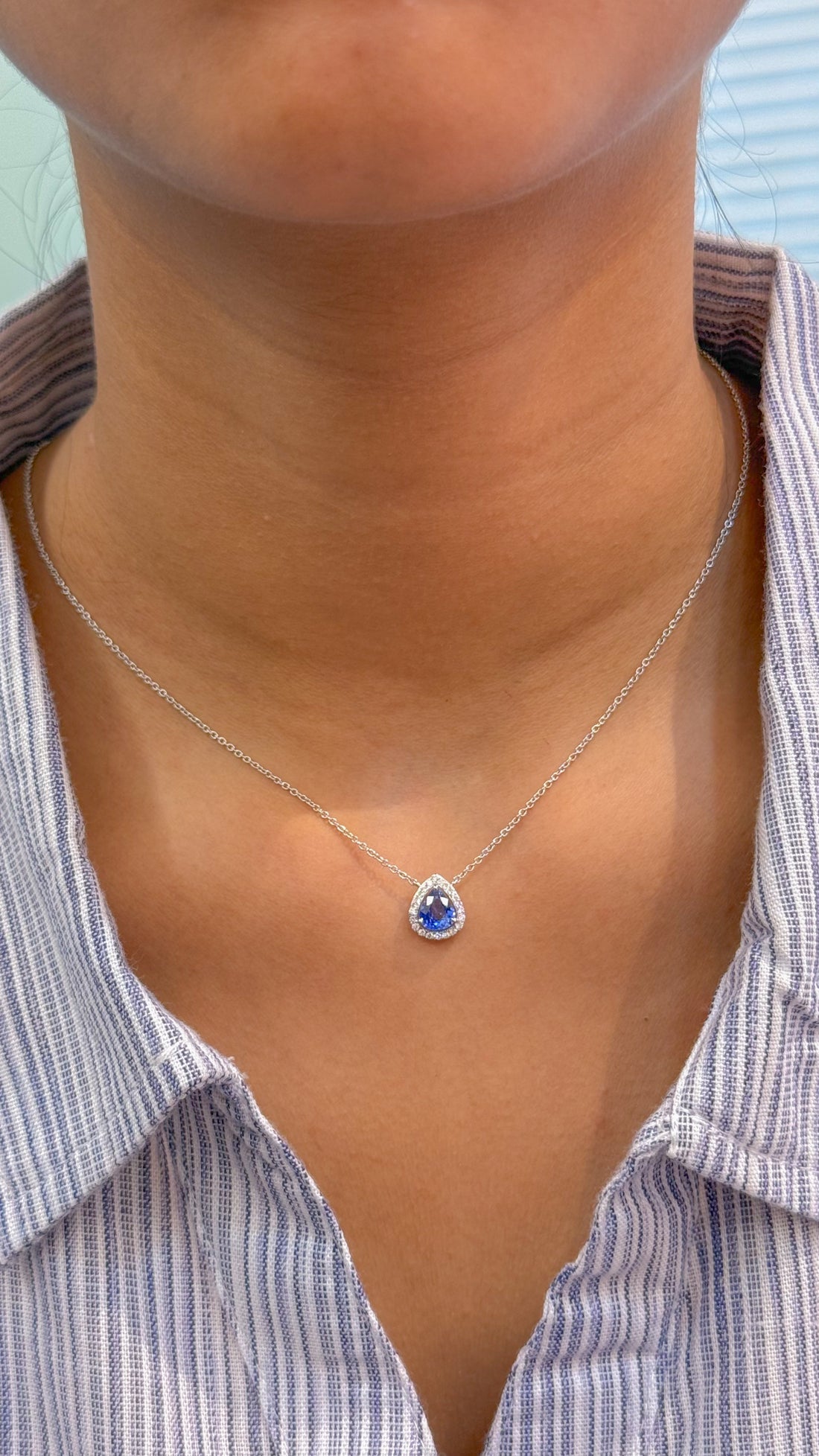 JPNC-517/6348 Blue Sapphire Pear With Diamond Thin Chain Necklace | 18K