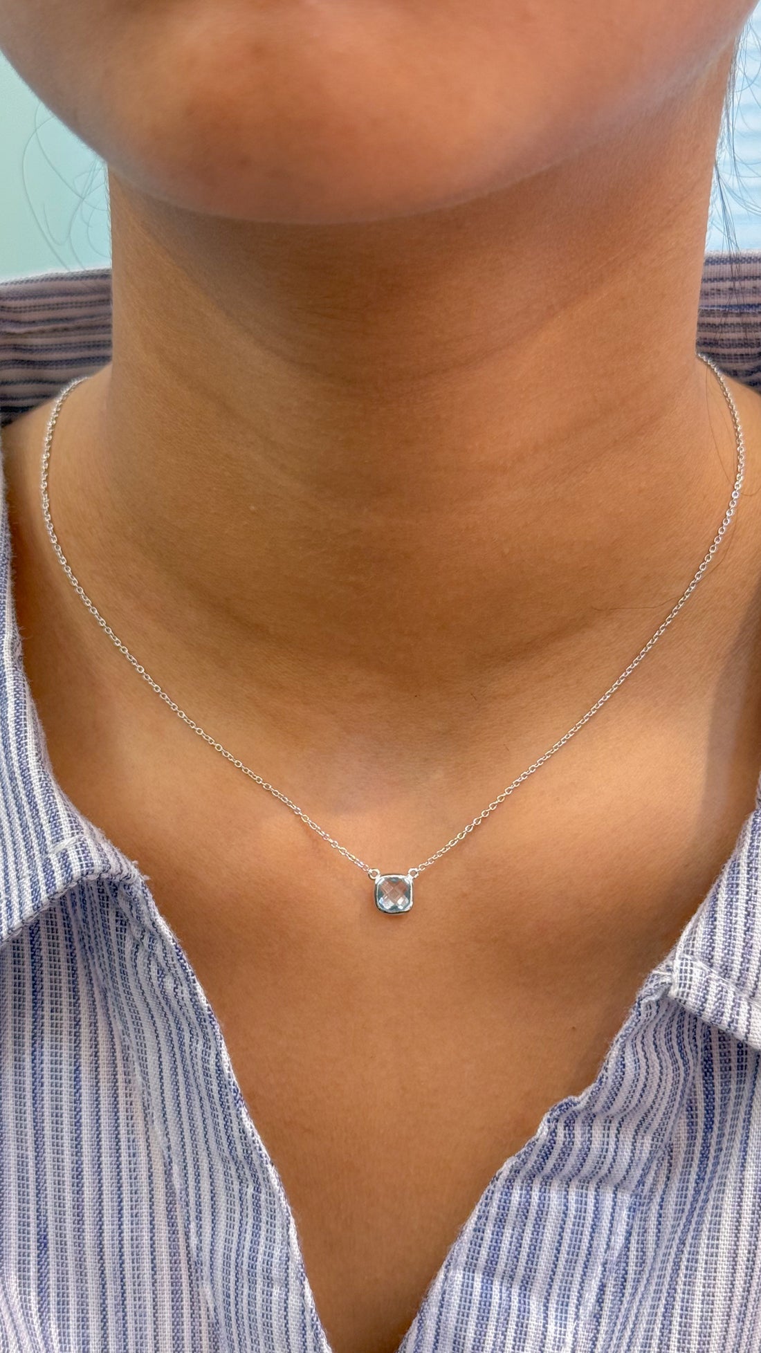 JPNC-524/6367 Swiss Blue Topaz Cushion Thin Chain Necklace | 14K