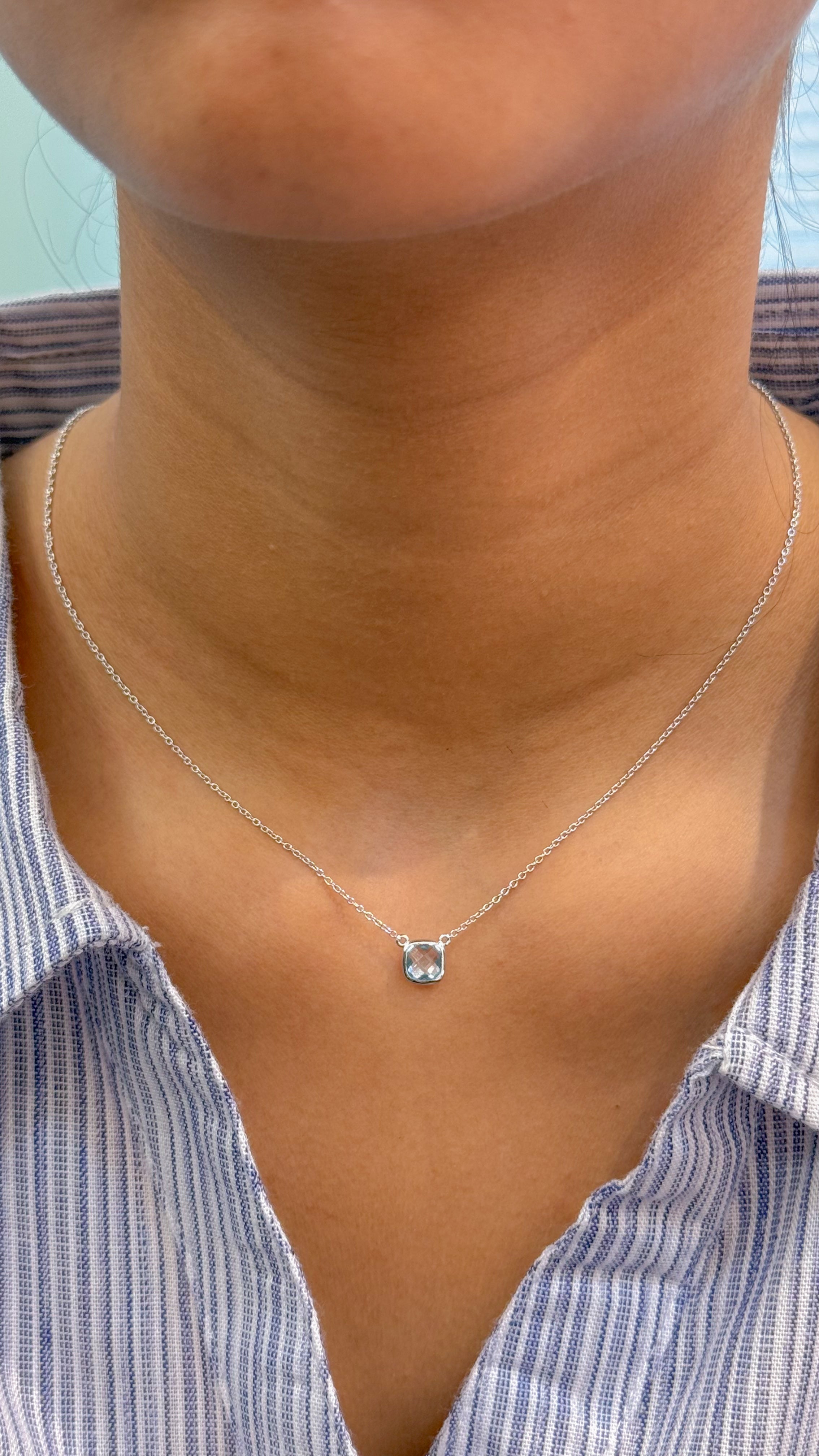JPNC-524/6367 Swiss Blue Topaz Cushion Thin Chain Necklace | 14K