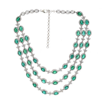 JPNC-530/6430 Emerald Oval With Diamond 3 Line Necklace | 18K