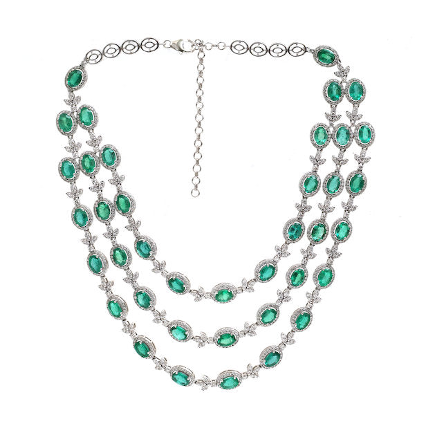 JPNC-530/6430 Emerald Oval With Diamond 3 Line Necklace | 18K