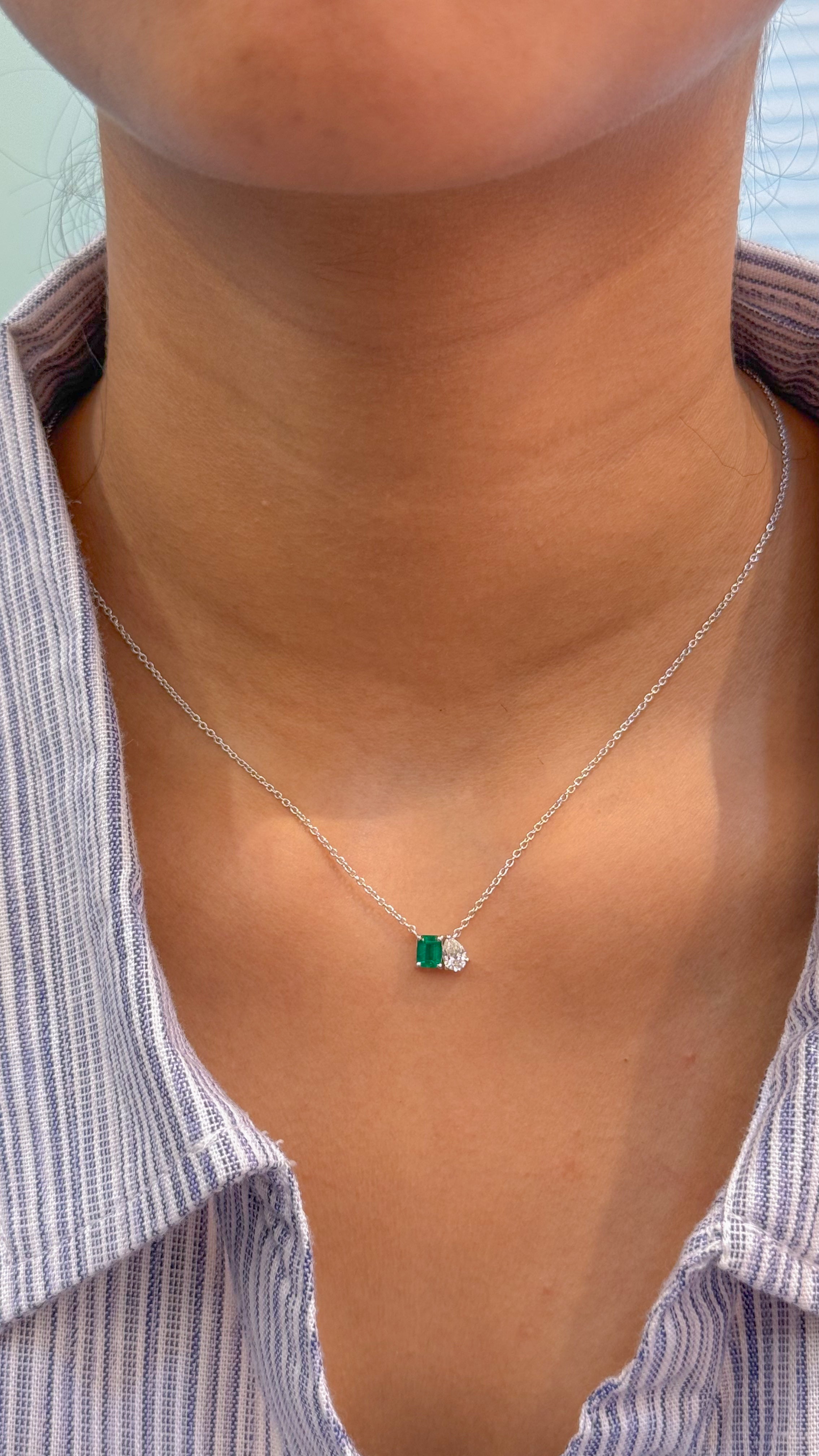 JPNC-543/6787 Emerald Octagon With Diamond Pear Thin Chain Necklace | 18K