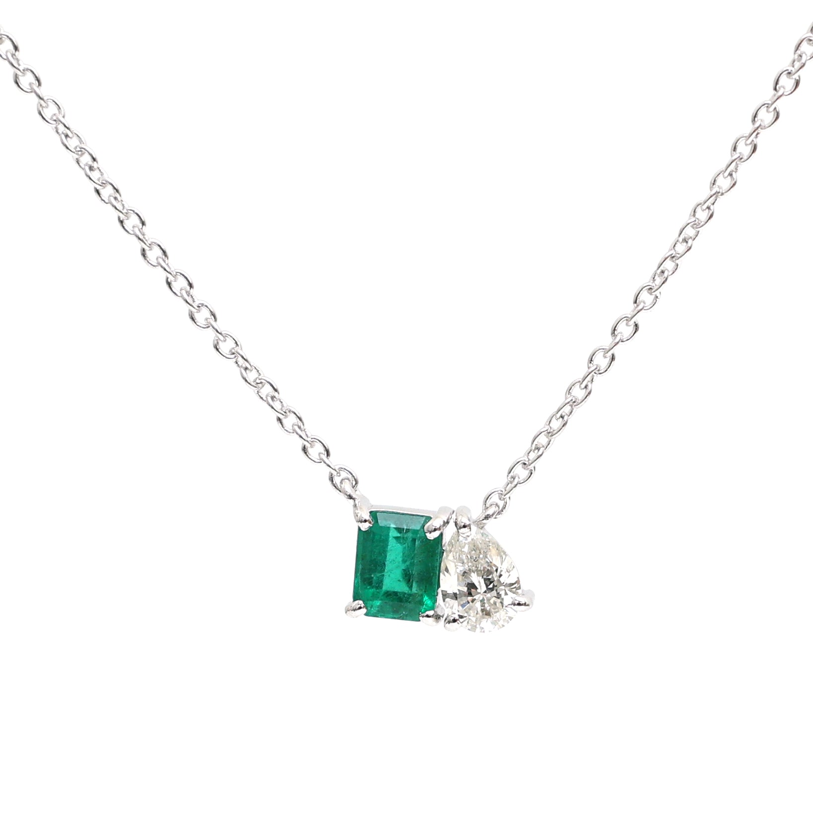 JPNC-543/6787 Emerald Octagon With Diamond Pear Thin Chain Necklace | 18K