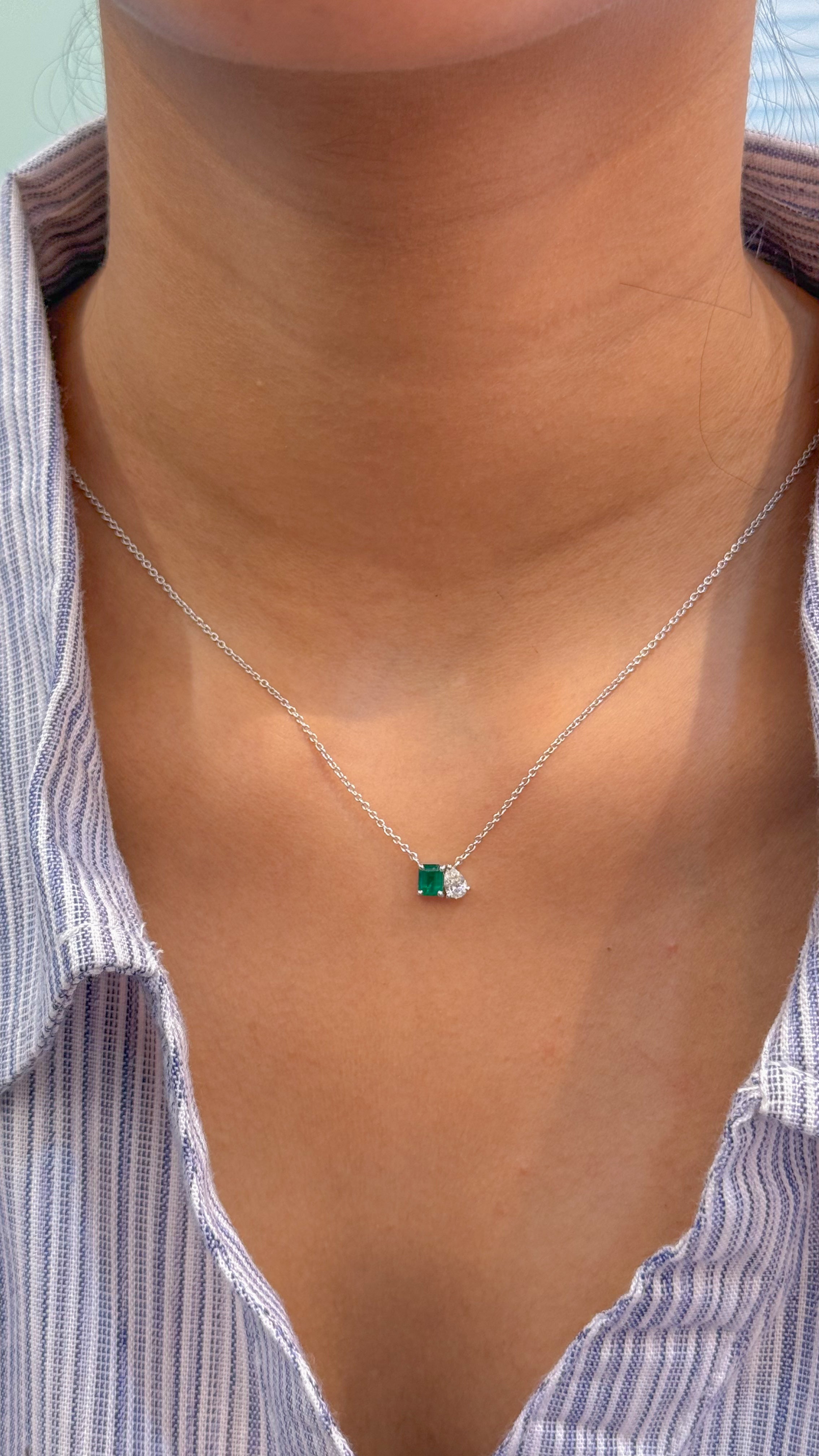 JPNC-544/6788 Emerald Octagon With Diamond Pear Thin Chain Necklace | 18K