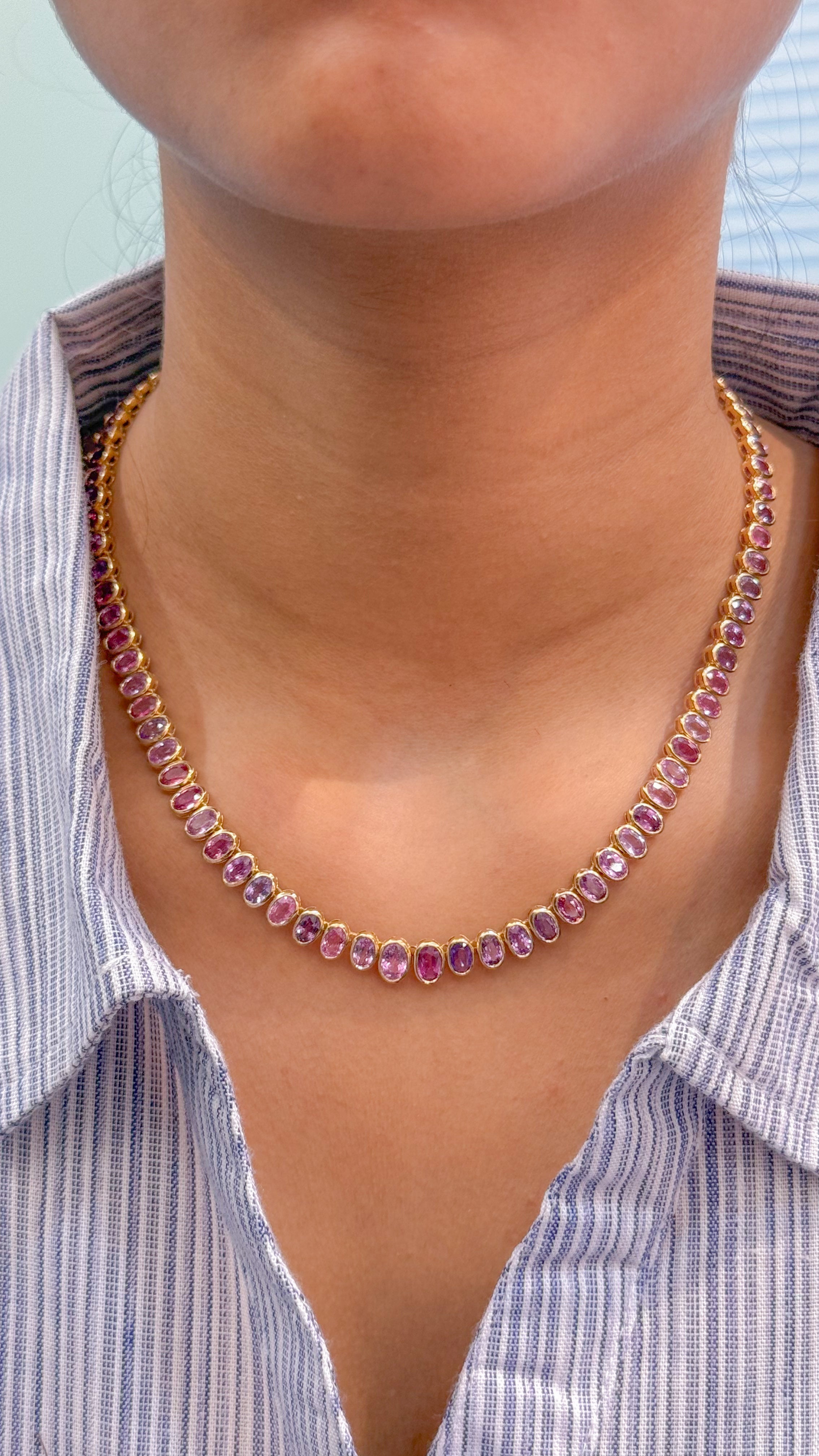 JPNC-558/6928 Rainbow Sapphire Oval 6X4 Bezal Set Necklace | 14K