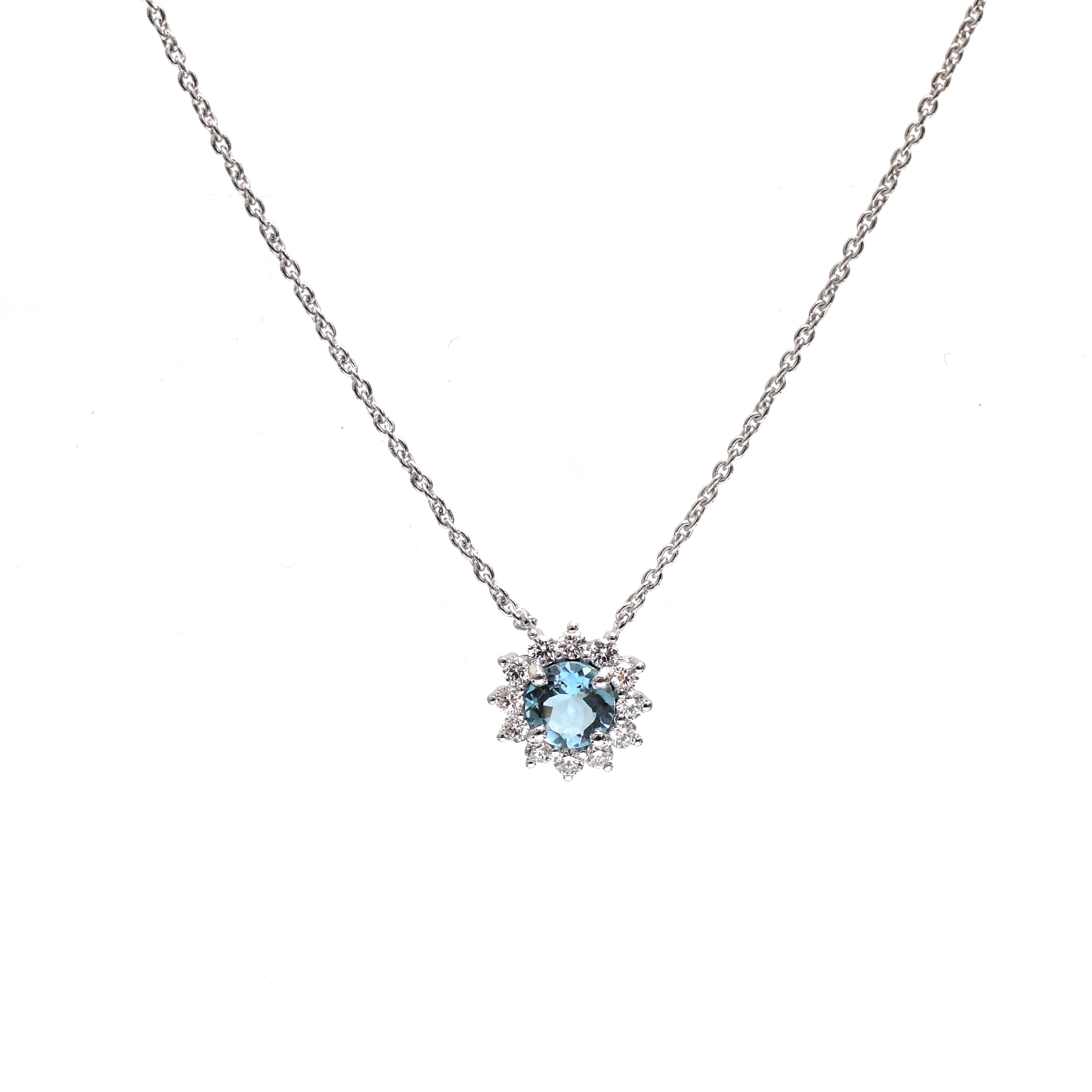 JPNC-574/7182 Aquamarine Round With Thin Chain Necklace | 18K