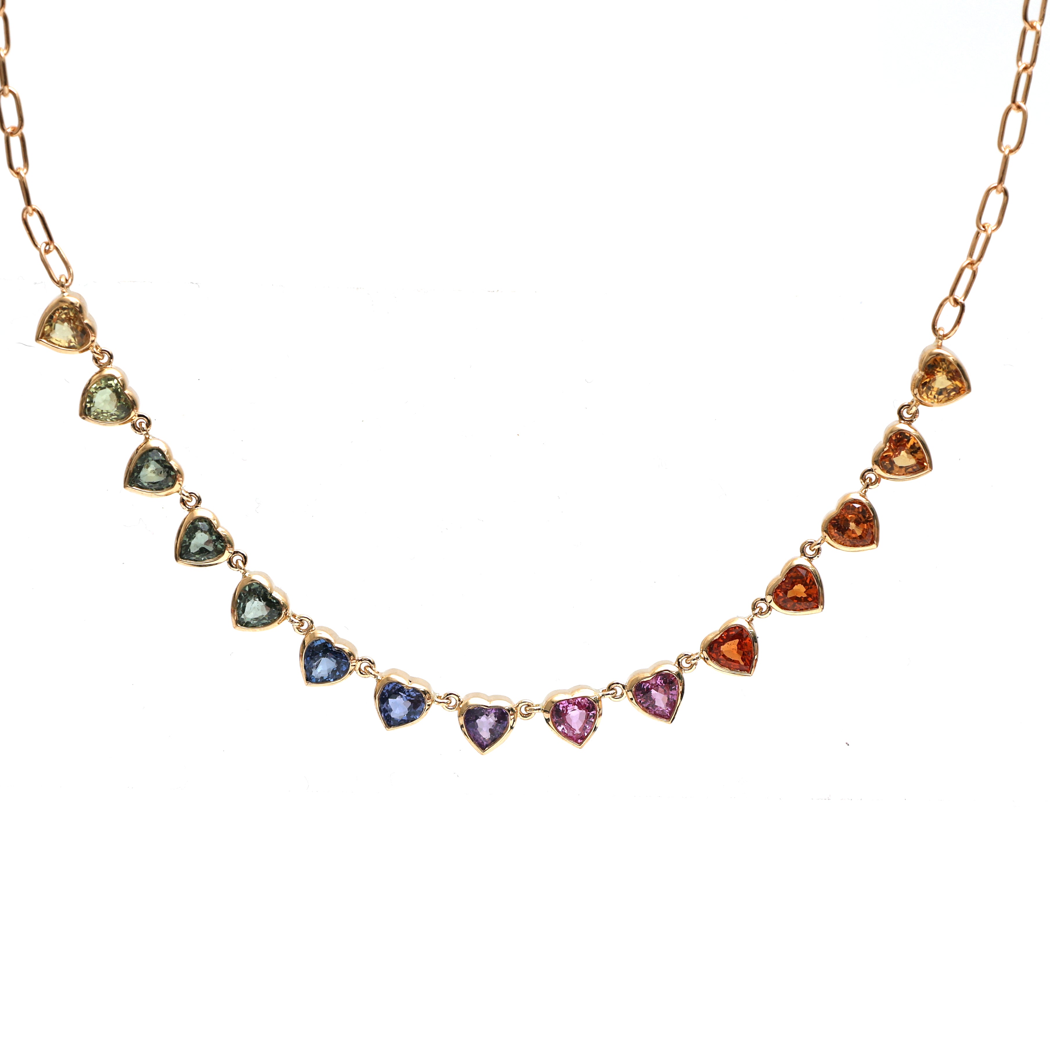 JPNC-576/7194 Rainbow Sapphire Bezel Set Heart Necklace | 18K