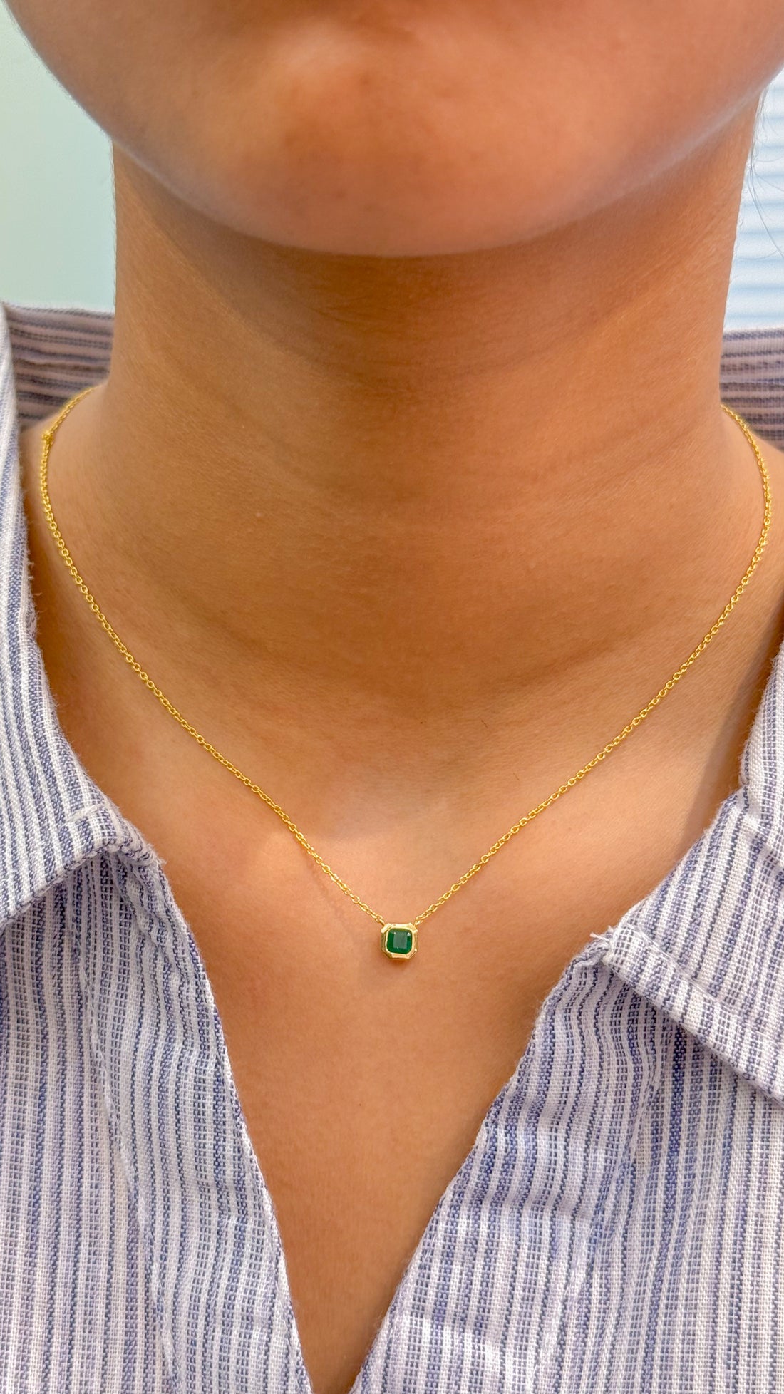 JPNC-581/7222 Emerald Square Octagon Bezel Set Thin Chain Necklace | 18K