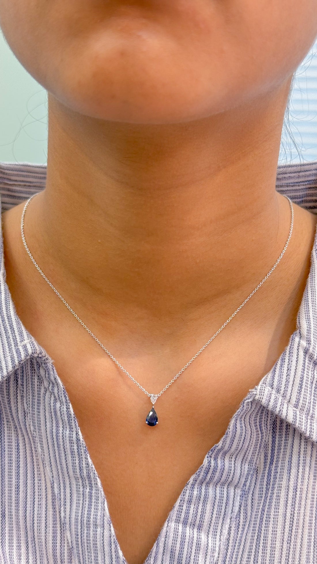 JPNC-583/7244 Blue Sapphire Pear With Diamond Pear Thin Chain Necklace | 18K