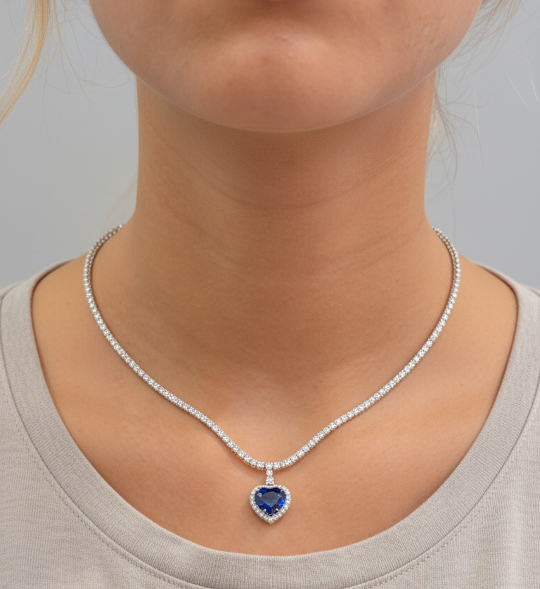 JPNC-584/7254 Blue Sapphire Heart With Diamond 2Mm Necklace | 18K