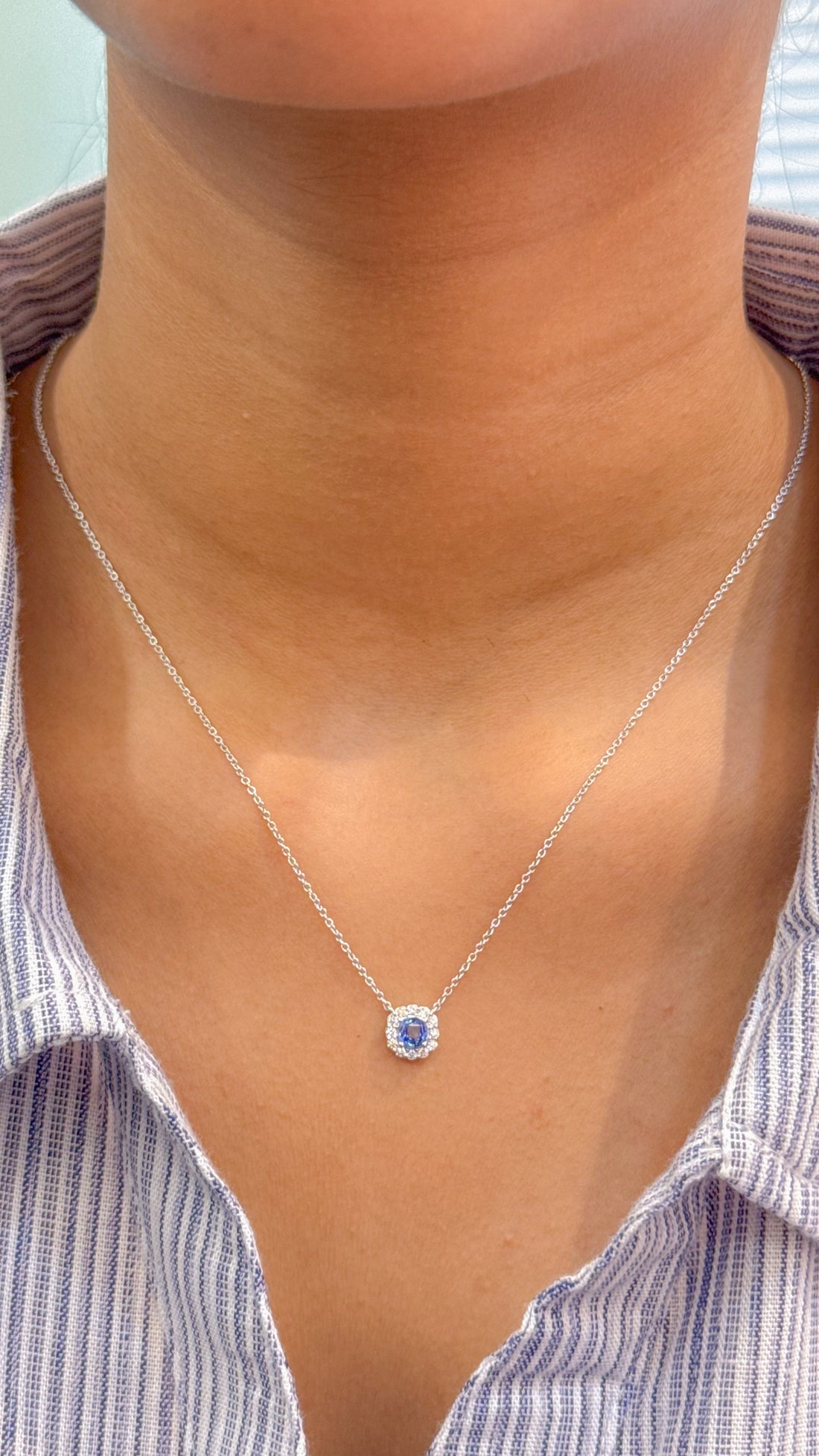 JPNC-622/7584 Blue Sapphire Cushion With Diamond Thin Chain Necklace | 18K