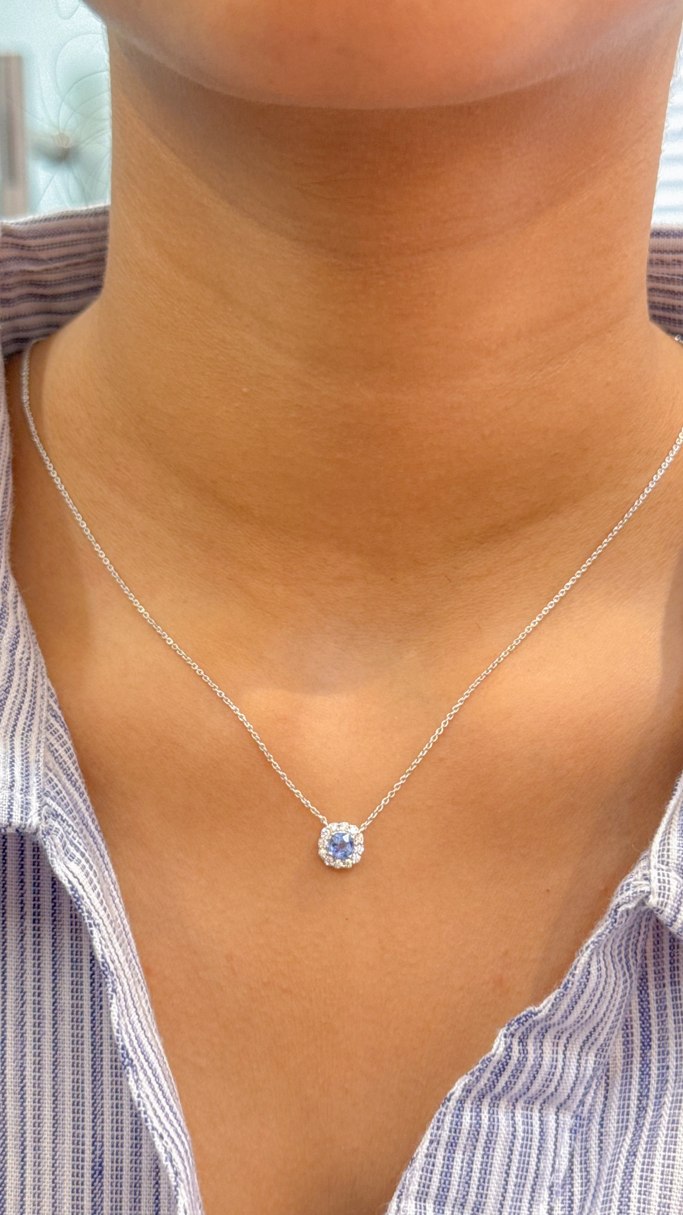 JPNC-624/7585 Blue Sapphire Cushion With Diamond Thin Chain Necklace | 18K