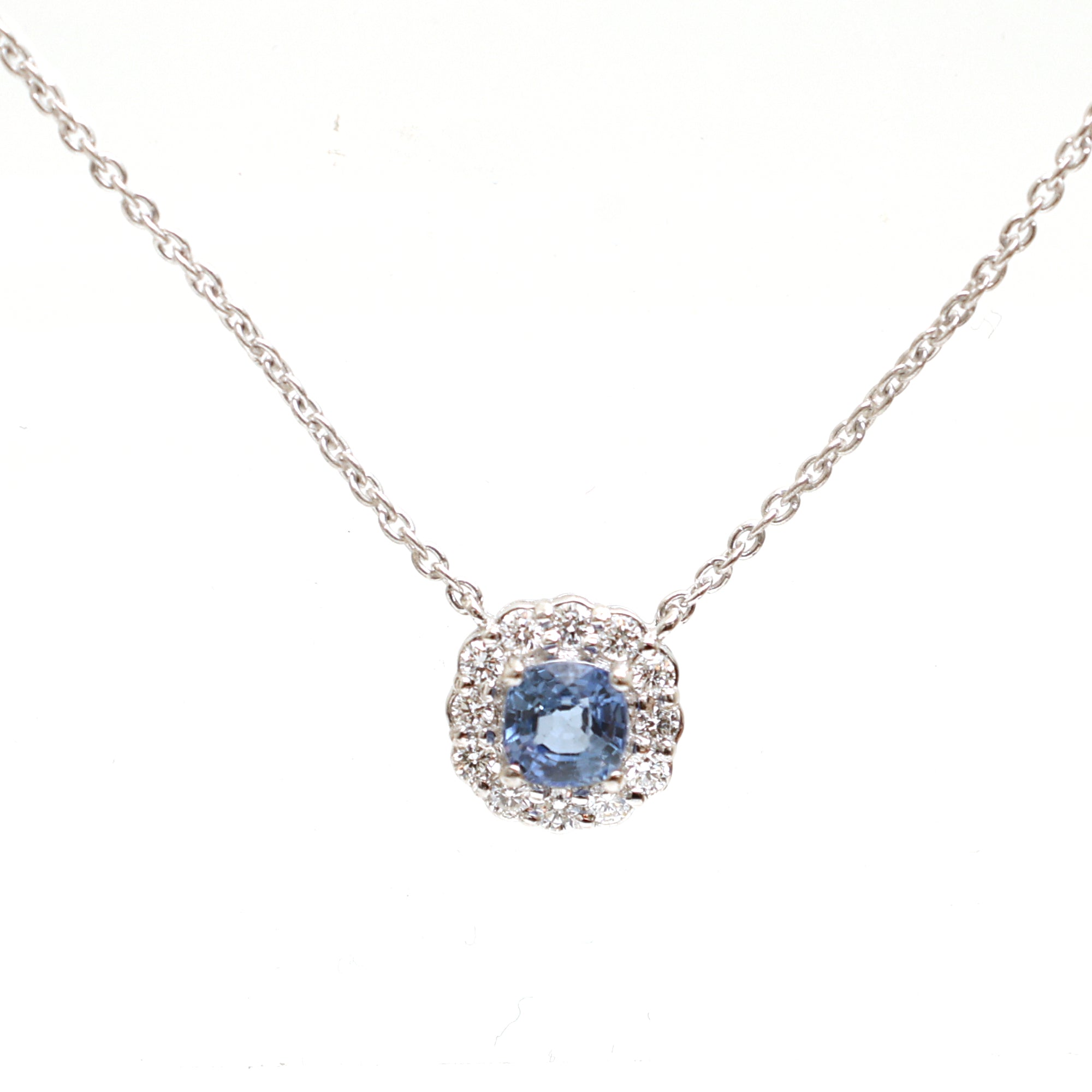 JPNC-624/7585 Blue Sapphire Cushion With Diamond Thin Chain Necklace | 18K