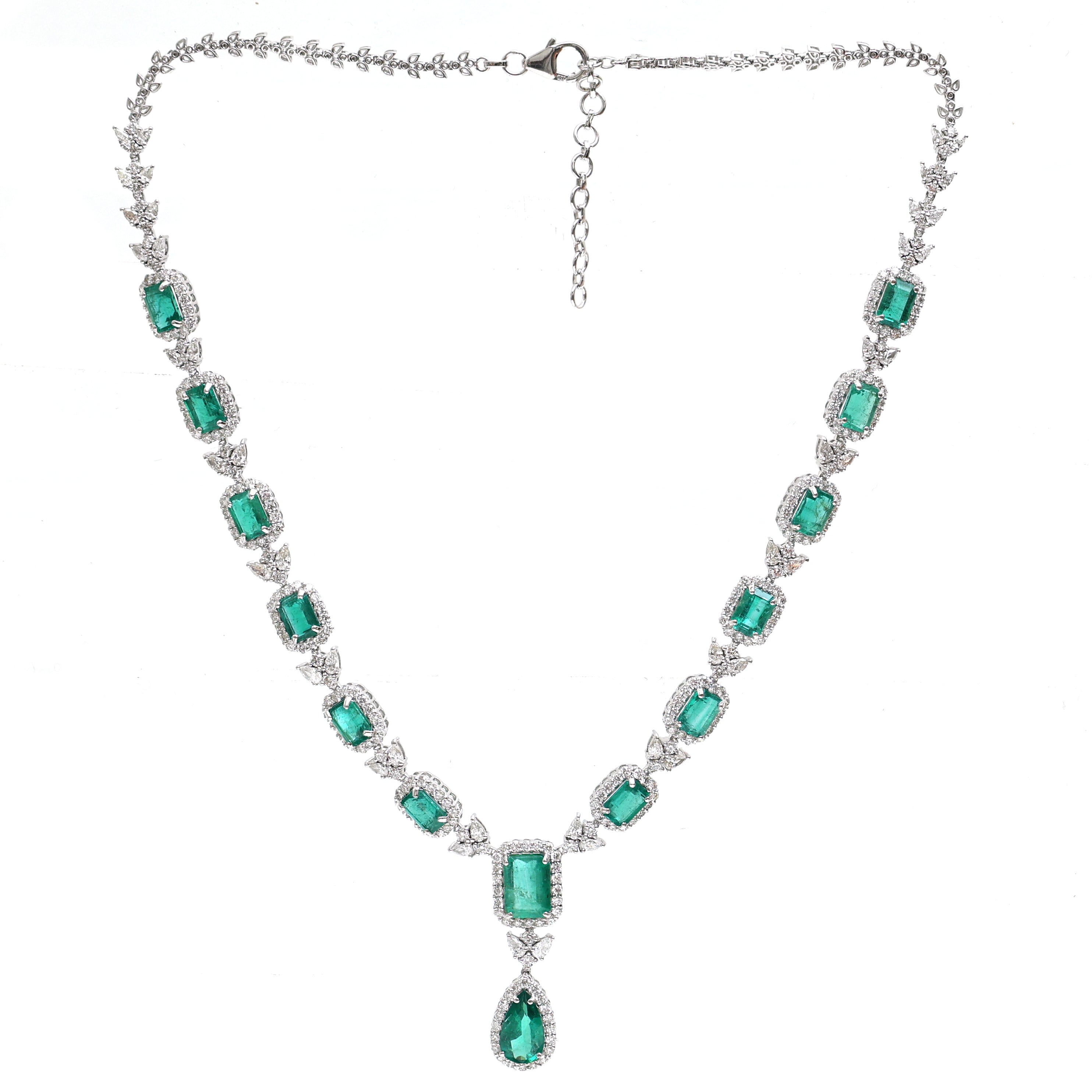 JPNC-629/7612 Emerald Octagon Pear Diamond Necklace | 18K