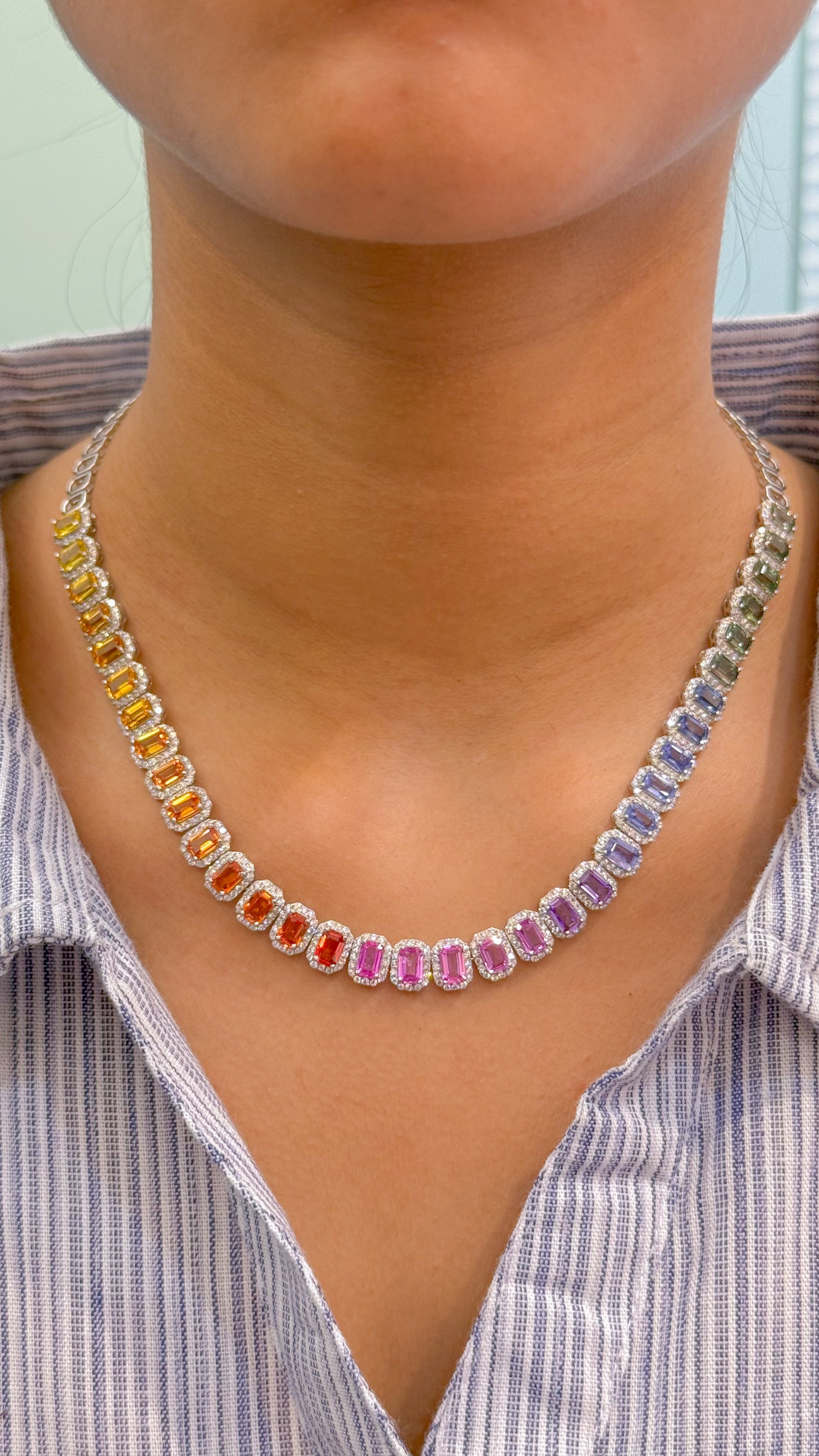 JPNC-634/7712 Rainbow Sapphire Octagon Diamond Necklace | 18K