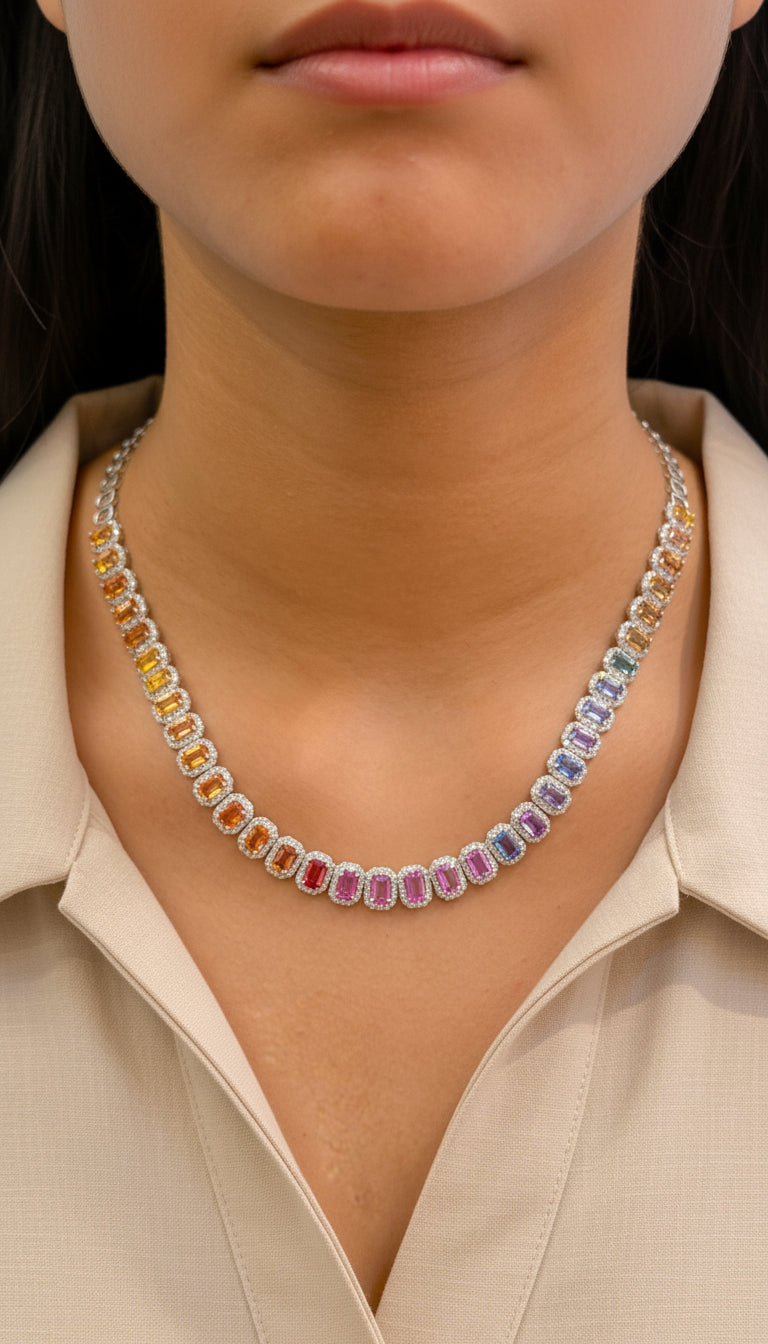 JPNC-634/7712 Rainbow Sapphire Octagon Diamond Necklace | 18K