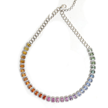 JPNC-634/7712 Rainbow Sapphire Octagon Diamond Necklace | 18K